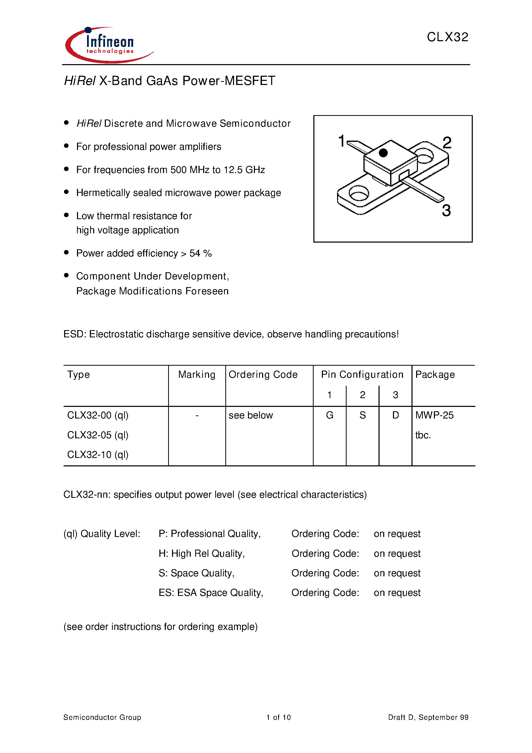 Datasheet CLX32-00 page 1 Datasheet CLX32-00 - HiRel X-Band GaAs Power-MESFET page 1