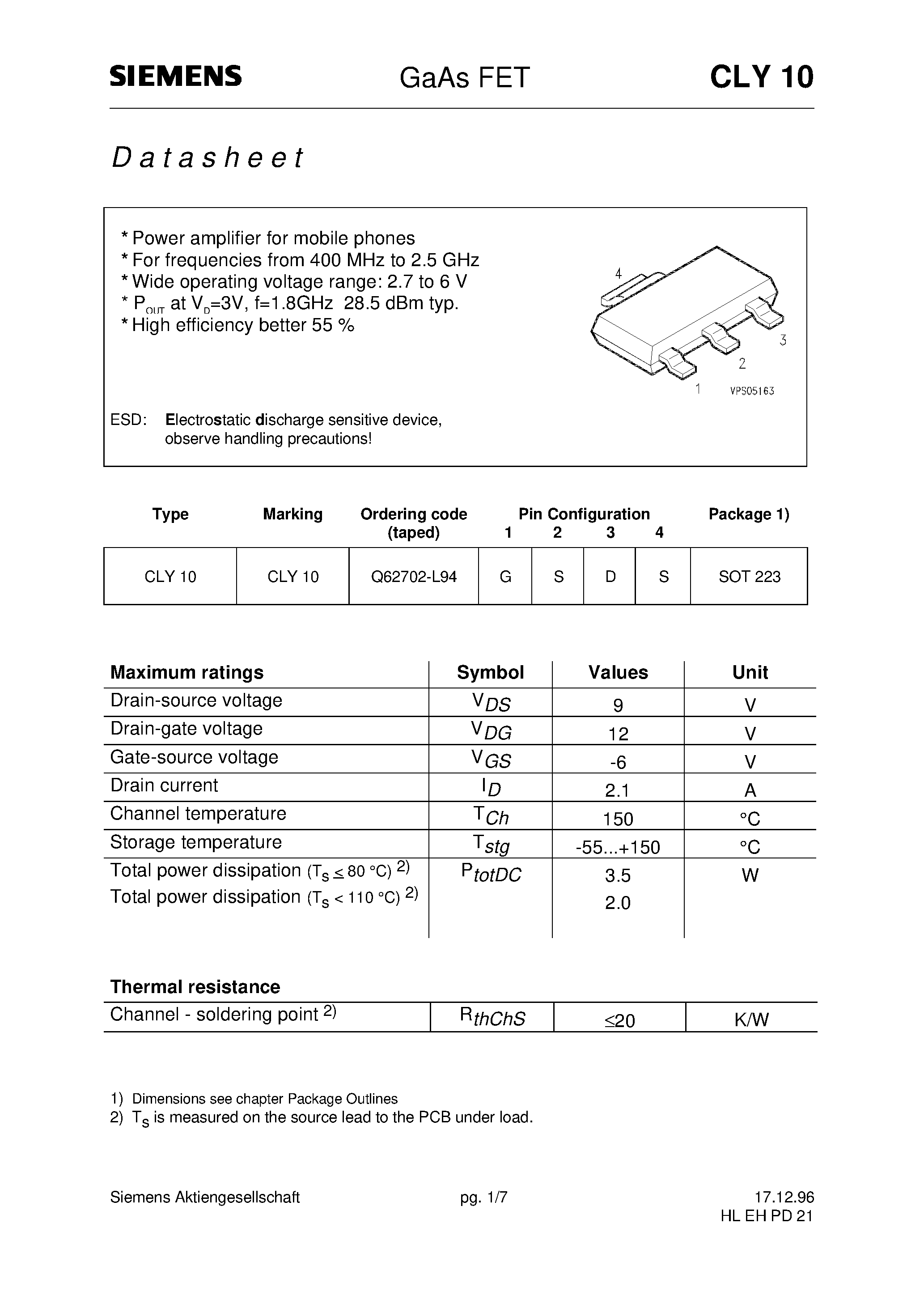 Datasheet CLY10 - GaAs FET (Power amplifier for mobile phones For frequencies from 400 MHz to 2.5 GHz) page 1