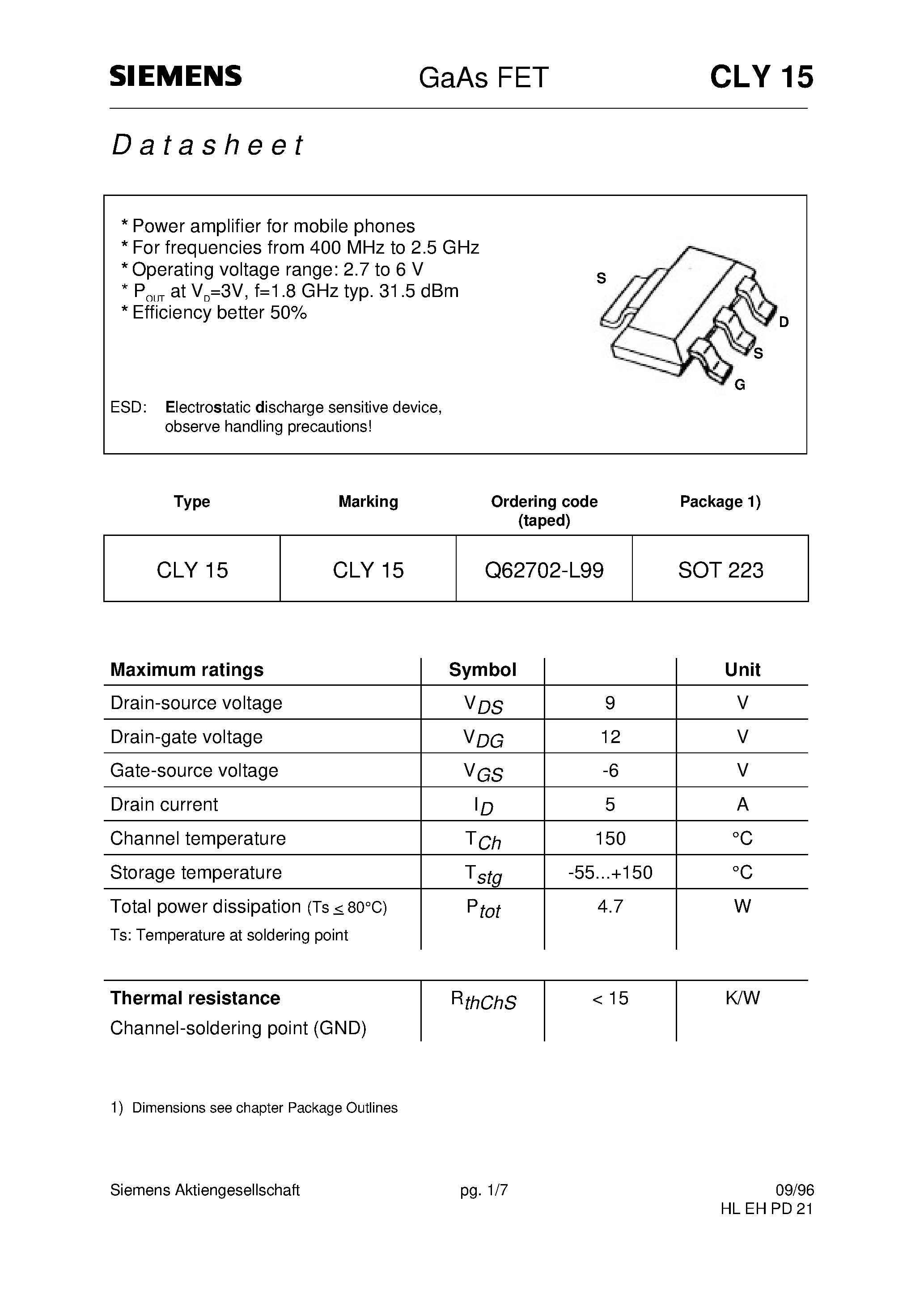 Datasheet CLY15 - GaAs FET (Power amplifier for mobile phones For frequencies from 400 MHz to 2.5 GHz) page 1