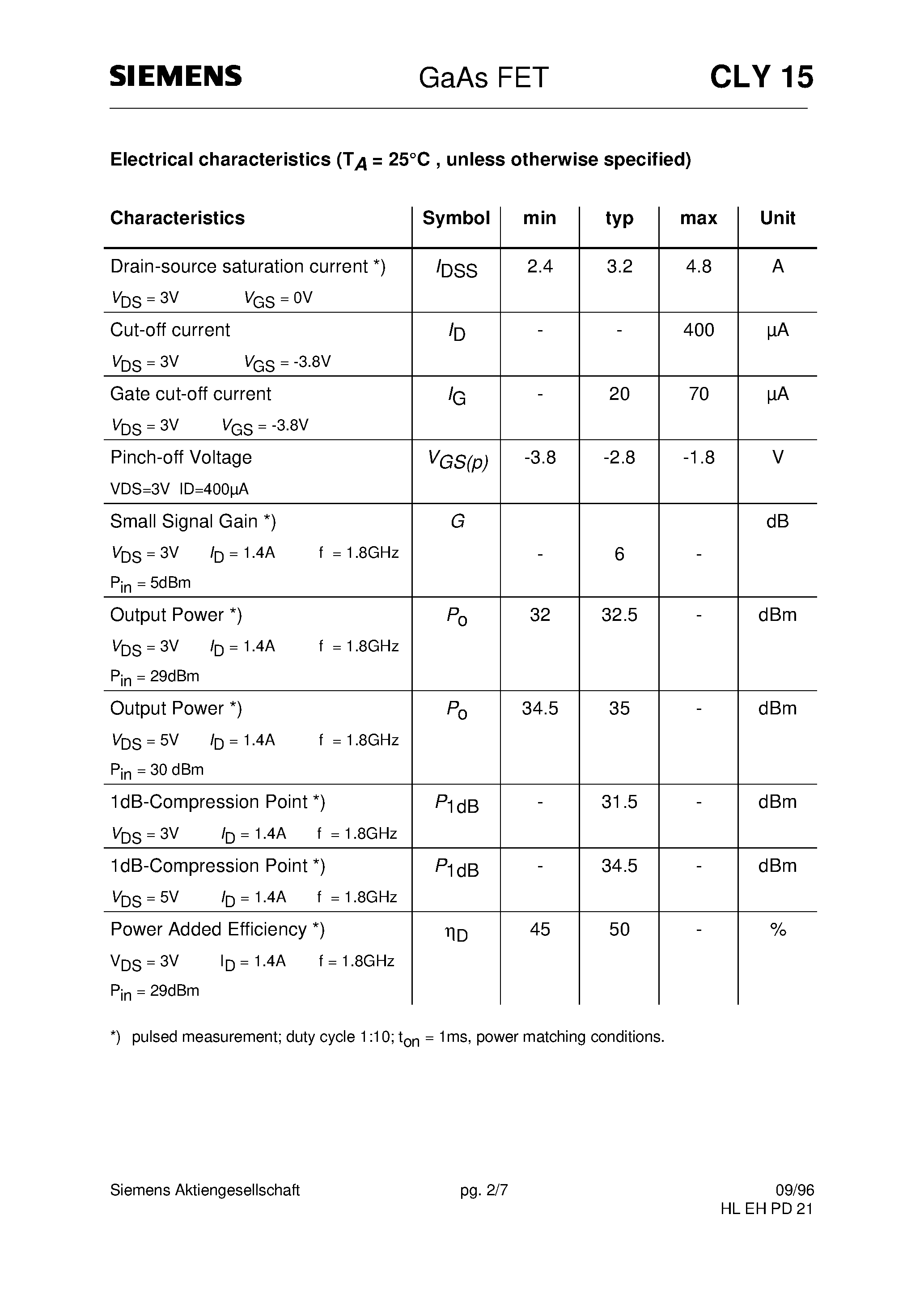 Datasheet CLY15 - GaAs FET (Power amplifier for mobile phones For frequencies from 400 MHz to 2.5 GHz) page 2