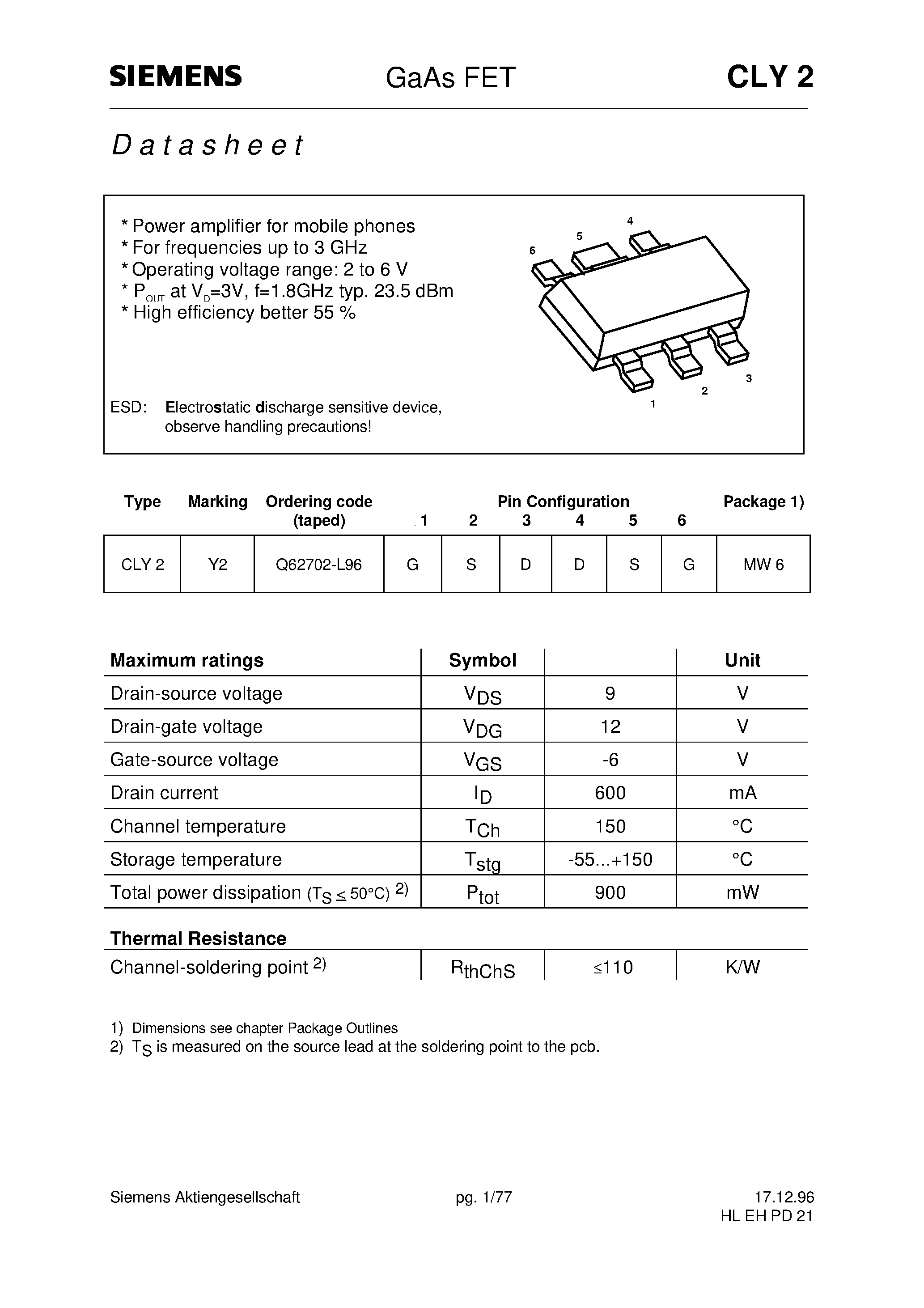 Datasheet CLY2 page 1 Datasheet CLY2 - GaAs FET (Power amplifier for mobile phones For frequencies up to 3 GHz) page 1