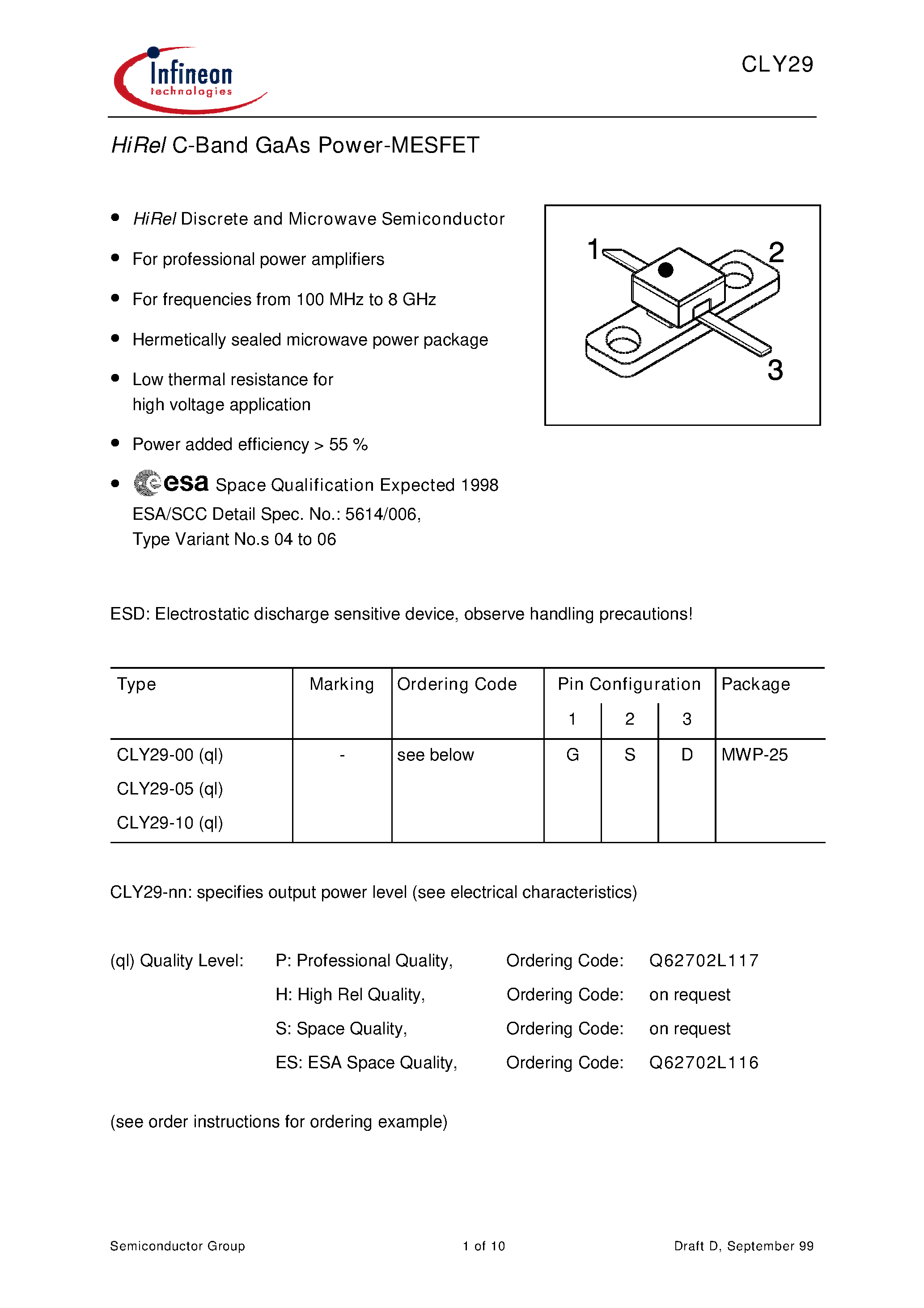 Даташит CLY29-00 - HiRel C-Band GaAs Power-MESFET страница 1