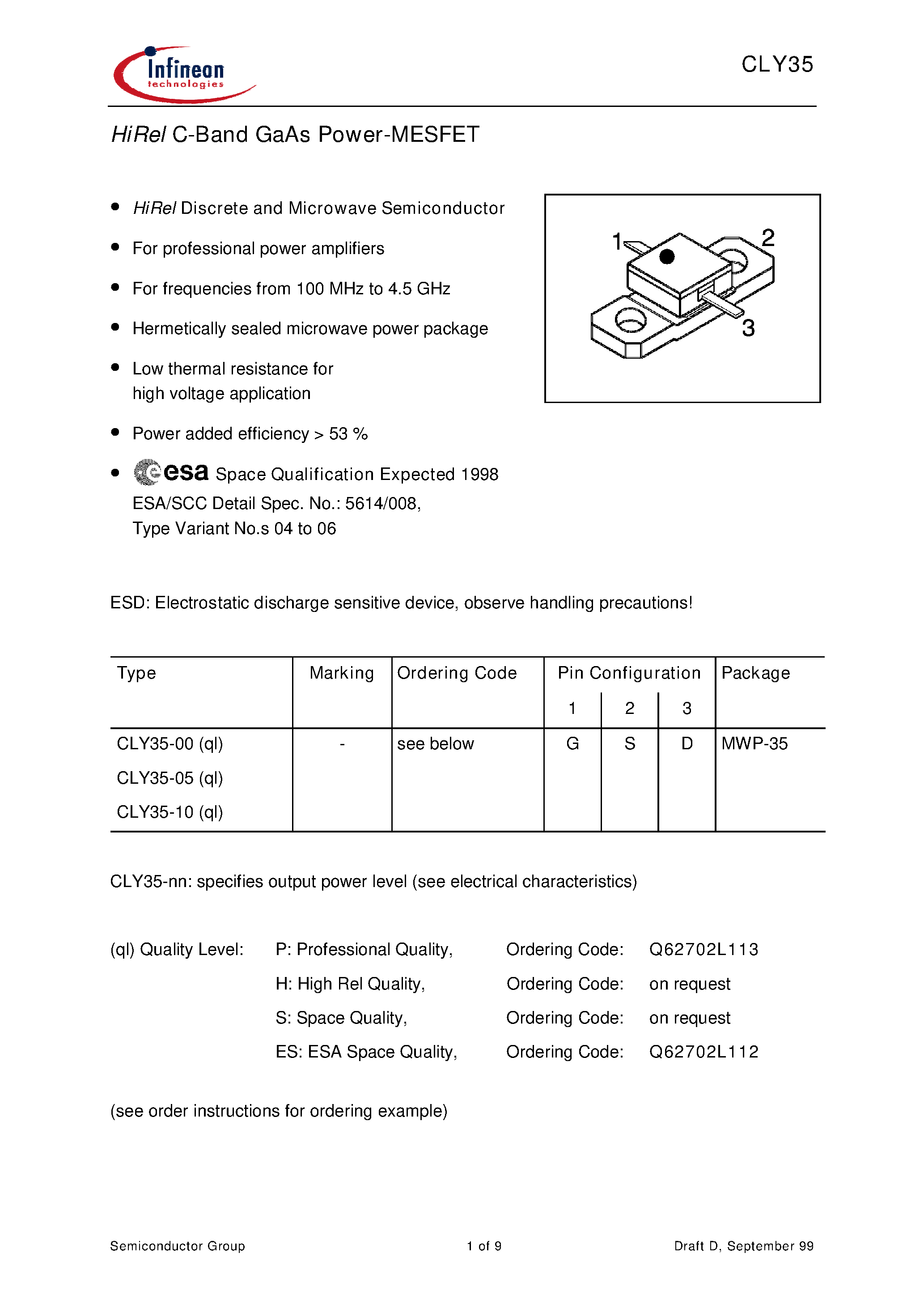 Даташит CLY35-10 - HiRel C-Band GaAs Power-MESFET страница 1