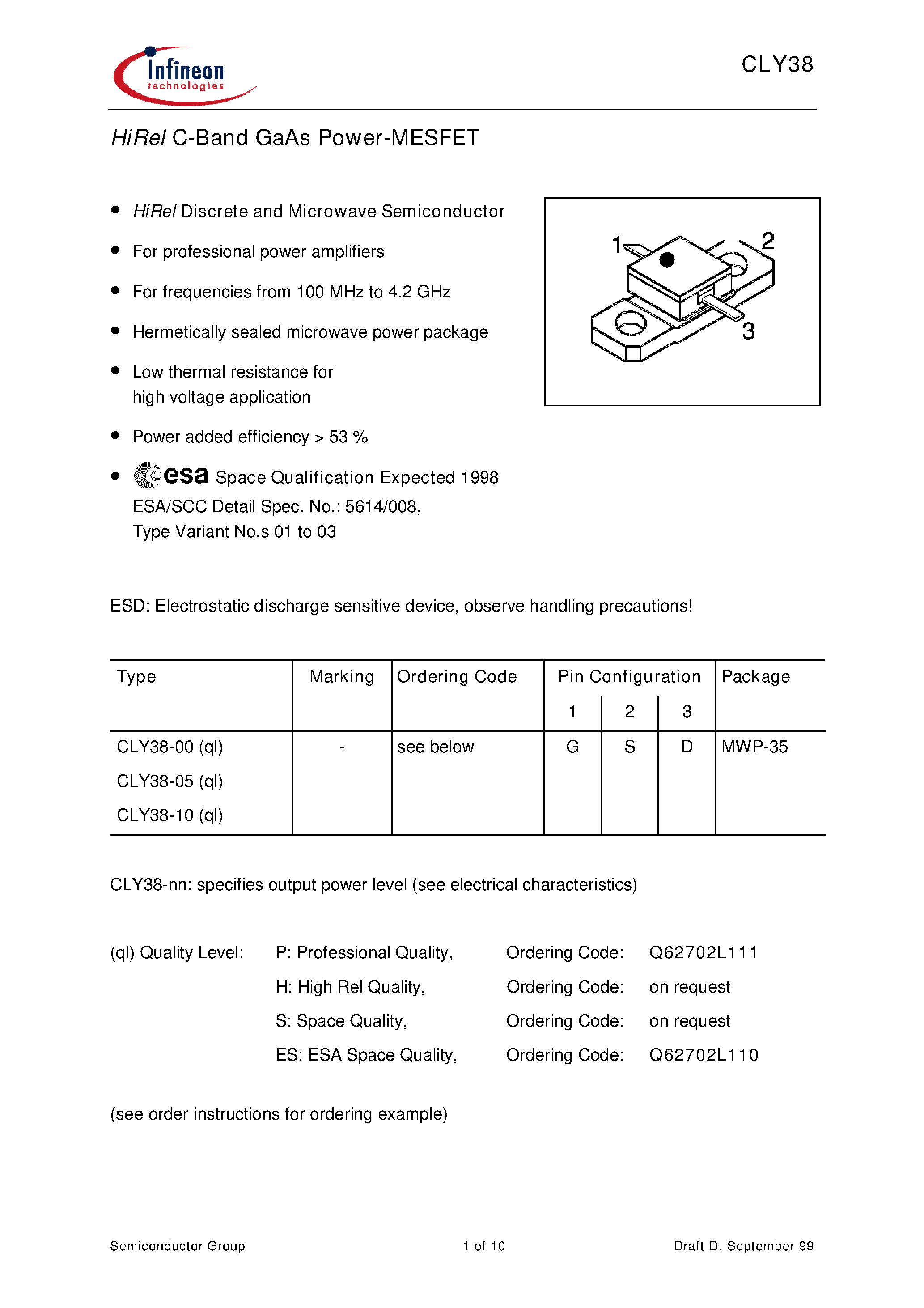 Даташит CLY38-00 - HiRel C-Band GaAs Power-MESFET страница 1