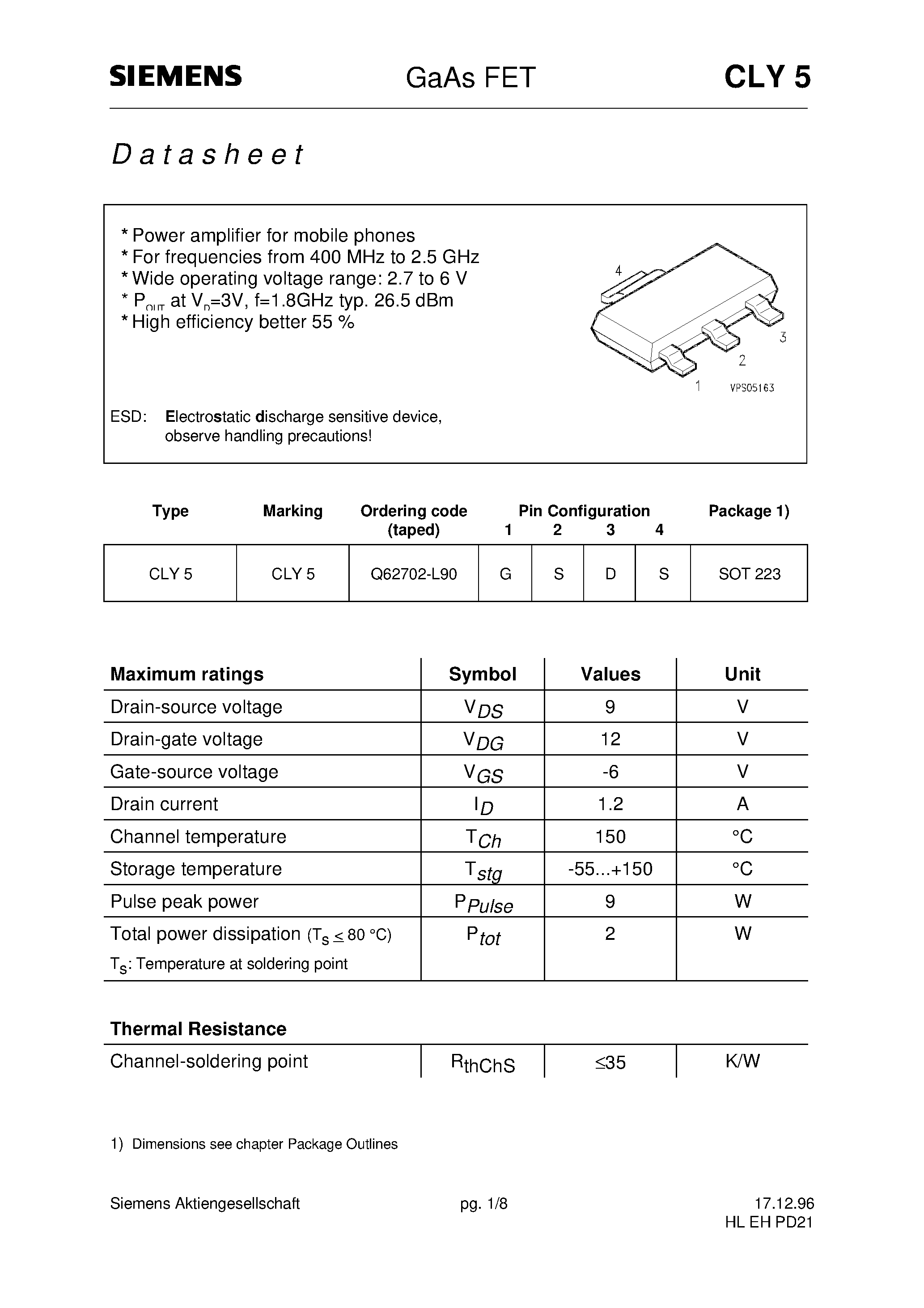 Datasheet CLY5 - GaAs FET (Power amplifier for mobile phones For frequencies from 400 MHz to 2.5 GHz) page 1