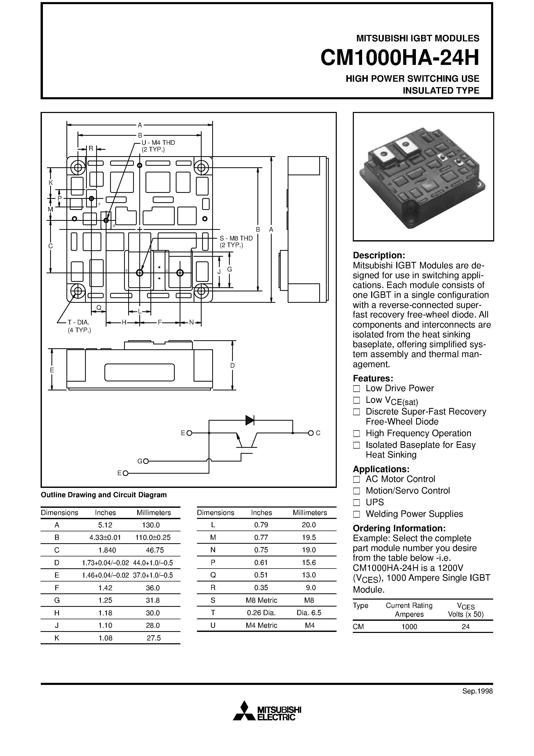 Даташит на микросхему CM1000HA-24H страница 1 Даташит CM1000HA-24H - HIGH POWER SWITCHING USE INSULATED TYPE страница 1