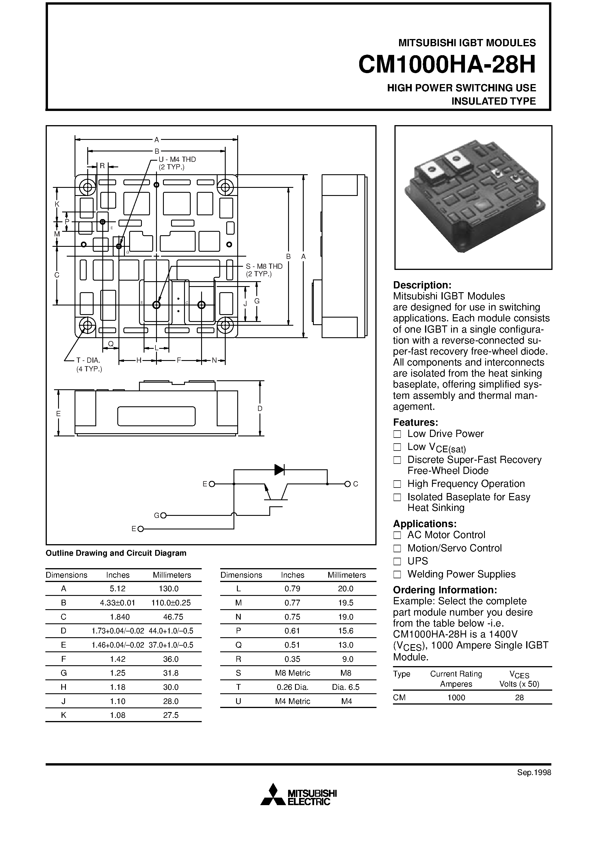 Даташит на микросхему CM1000HA-28H страница 1 Даташит CM1000HA-28H - HIGH POWER SWITCHING USE INSULATED TYPE страница 1