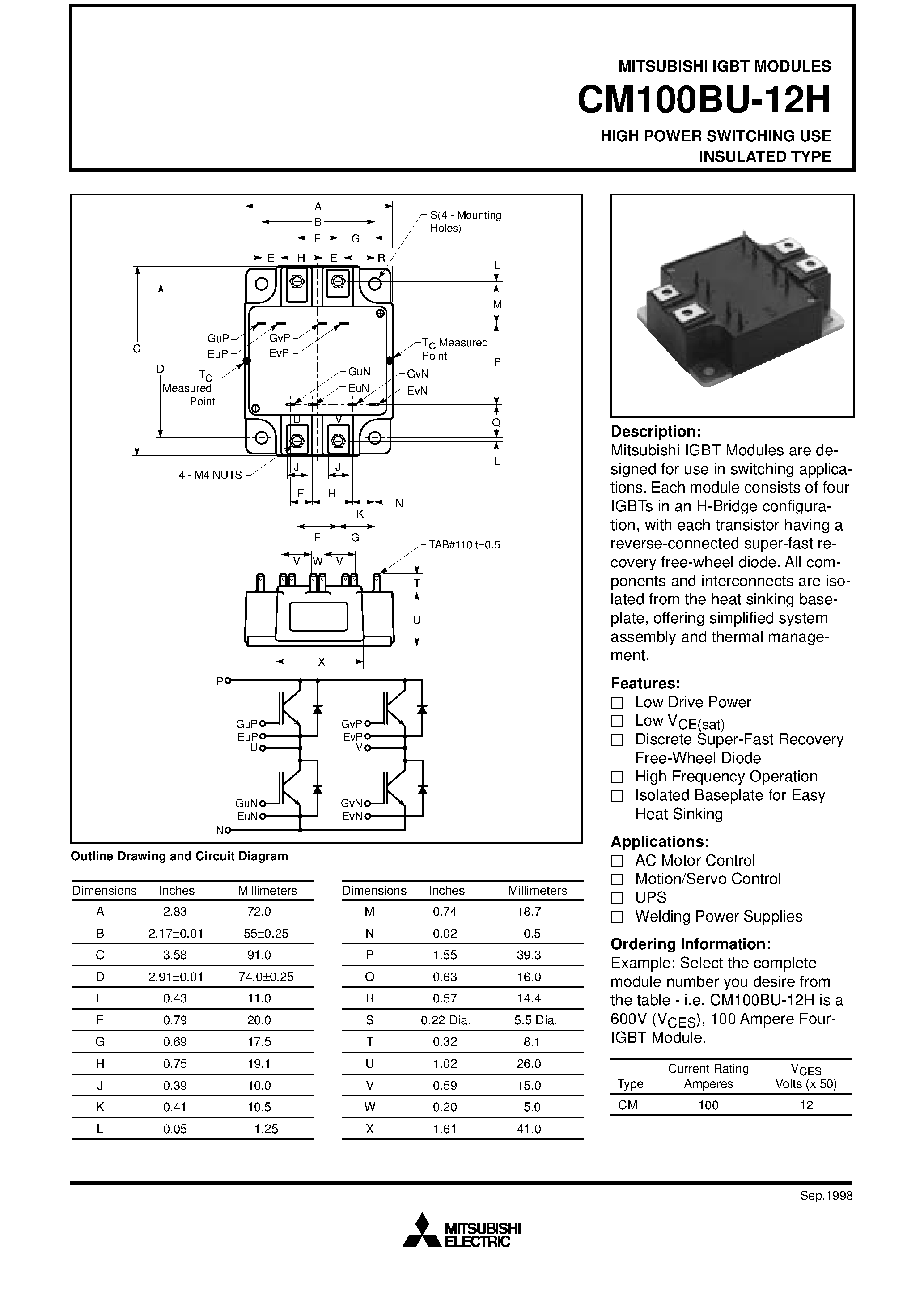 Даташит на микросхему CM100BU-12H страница 1 Даташит CM100BU-12H - HIGH POWER SWITCHING USE INSULATED TYPE страница 1