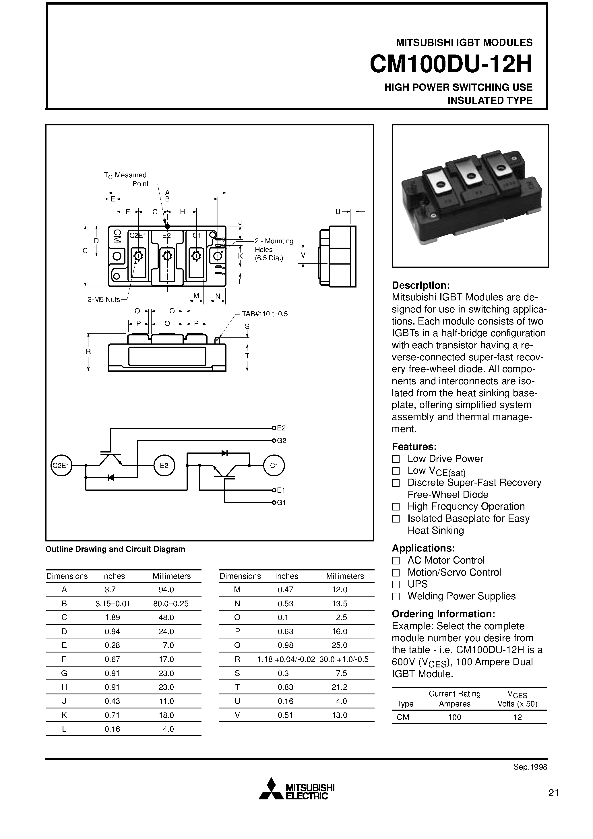 Даташит на микросхему CM100DU-12H страница 1 Даташит CM100DU-12H - HIGH POWER SWITCHING USE INSULATED TYPE страница 1