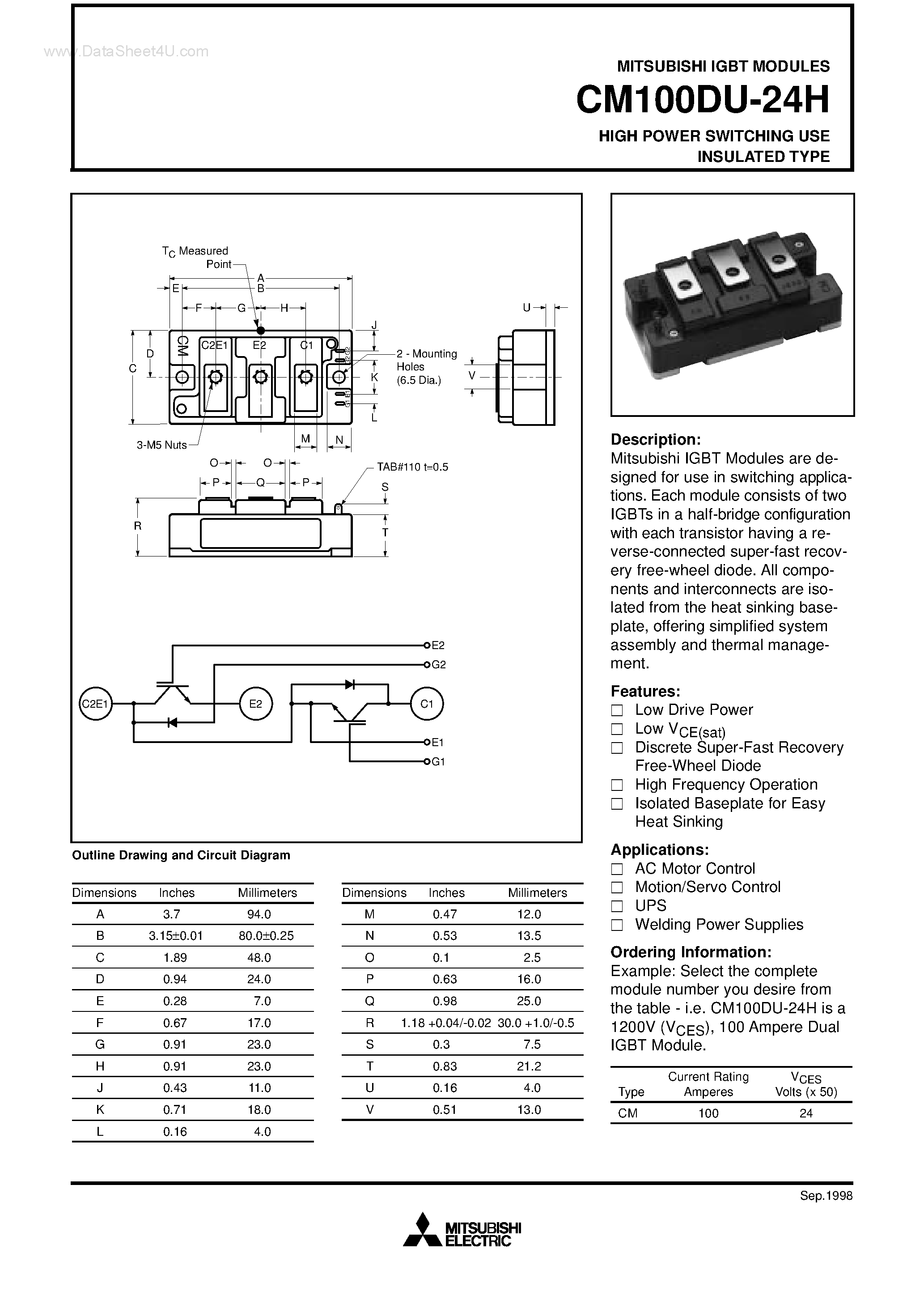 Даташит на микросхему CM100DU-24H страница 1 Даташит CM100DU-24H - HIGH POWER SWITCHING USE INSULATED TYPE страница 1