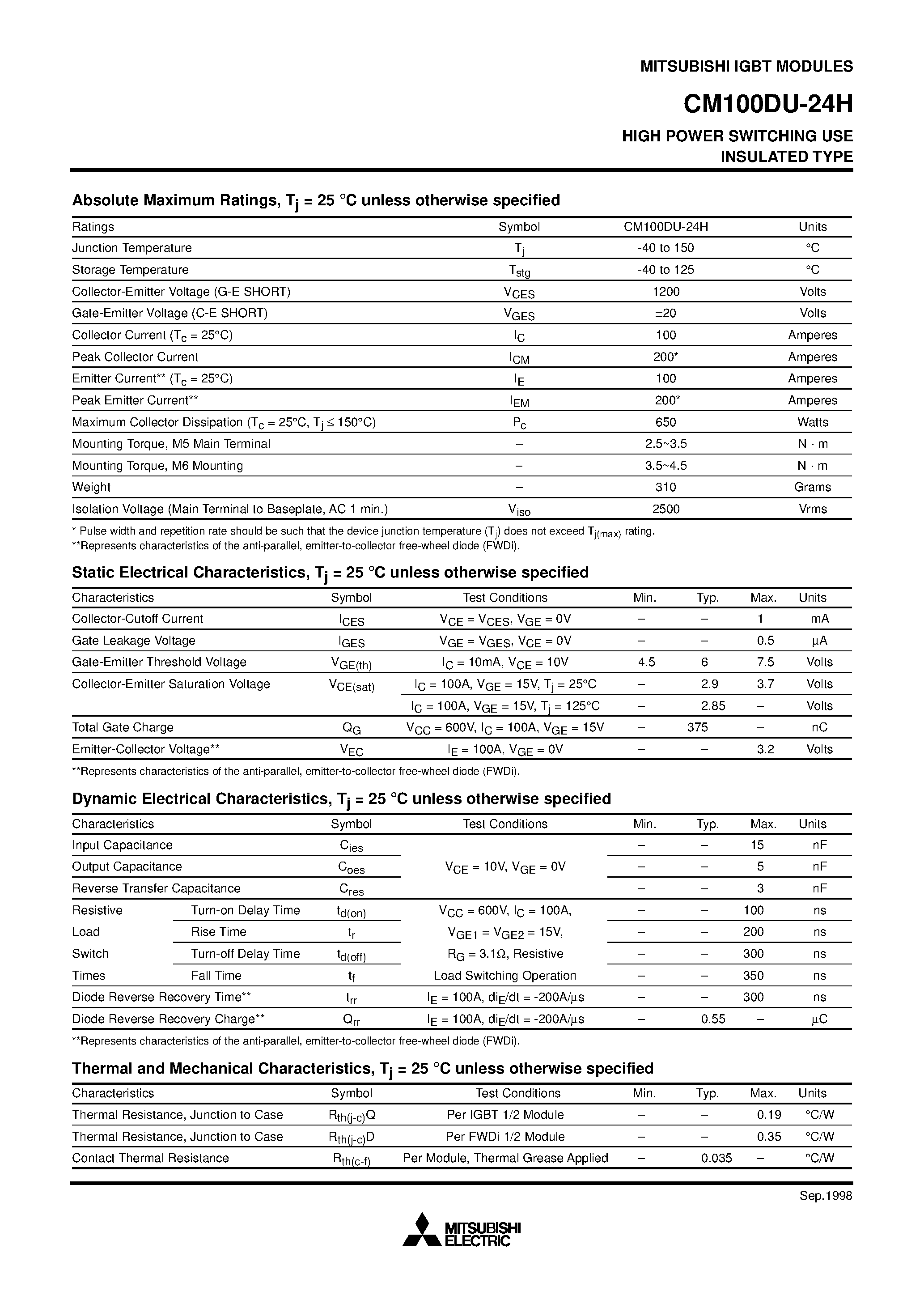 Даташит на микросхему CM100DU-24H страница 2 Даташит CM100DU-24H - HIGH POWER SWITCHING USE INSULATED TYPE страница 2