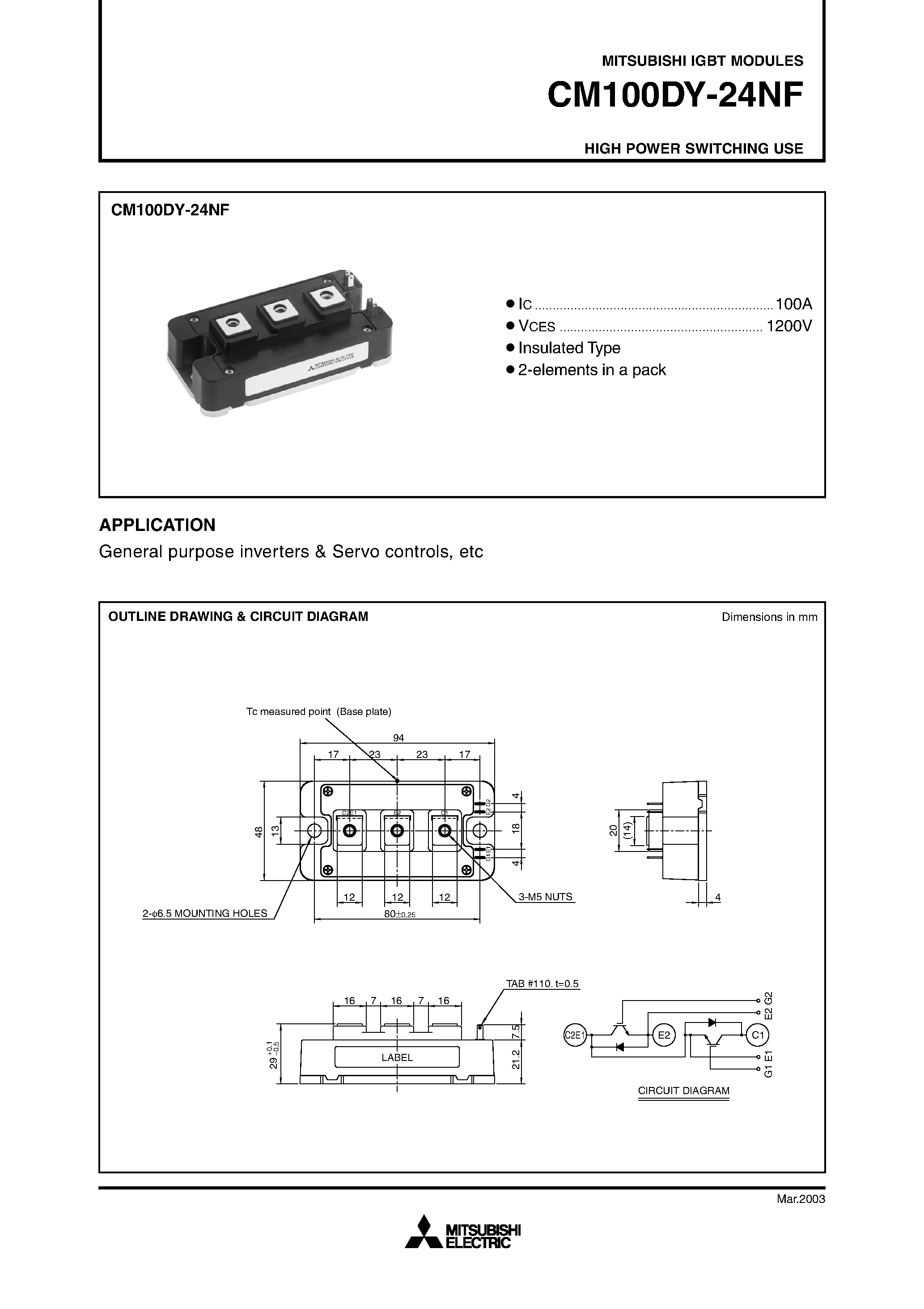 Даташит на микросхему CM100DY страница 1 Даташит CM100DY - HIGH POWER SWITCHING USE страница 1