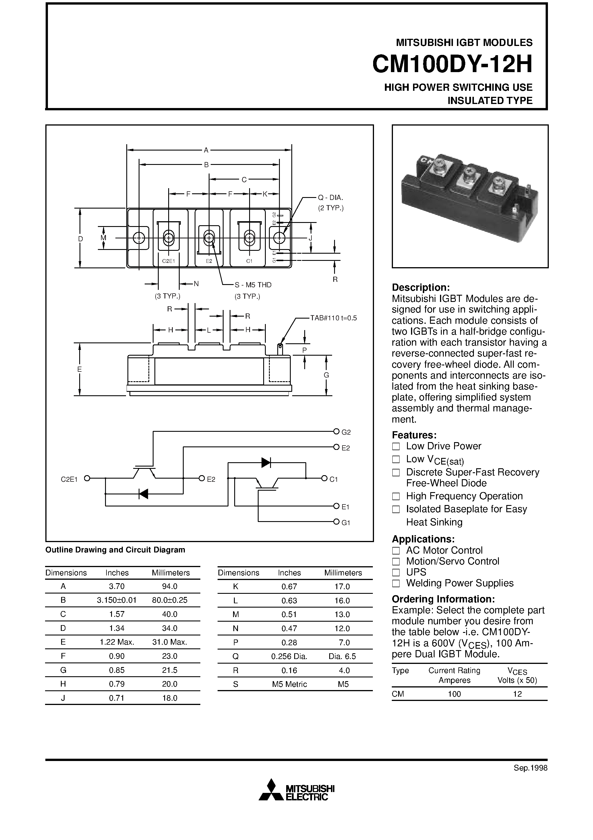 Даташит на микросхему CM100DY-12H страница 1 Даташит CM100DY-12H - HIGH POWER SWITCHING USE INSULATED TYPE страница 1