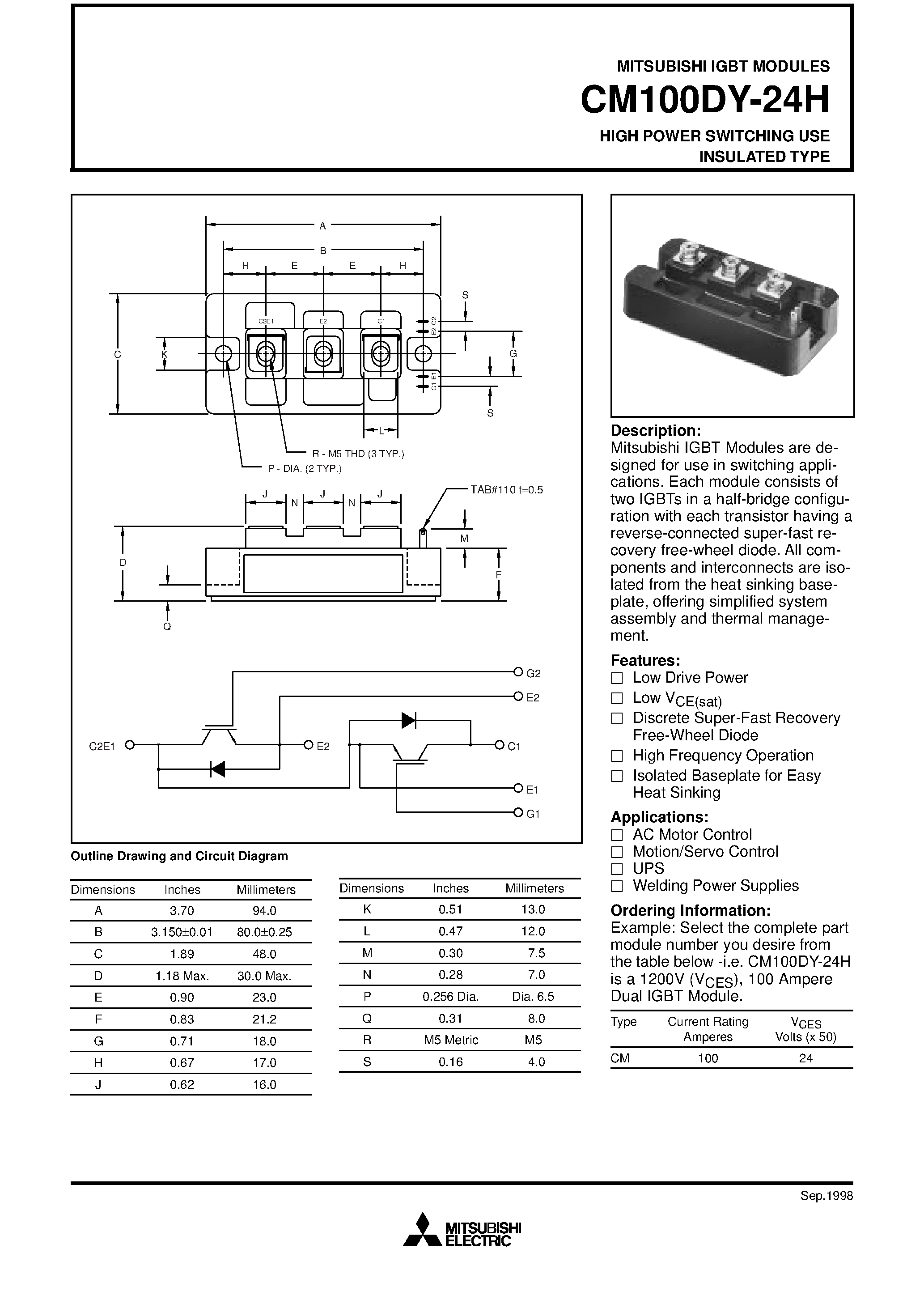 Даташит на микросхему CM100DY-24H страница 1 Даташит CM100DY-24H - HIGH POWER SWITCHING USE INSULATED TYPE страница 1