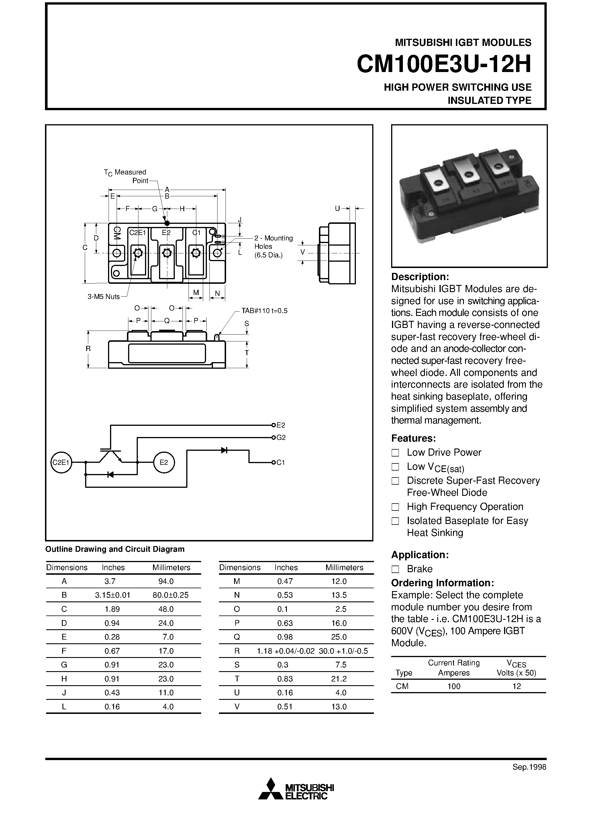 Даташит CM100E3U-12H - HIGH POWER SWITCHING USE INSULATED TYPE страница 1