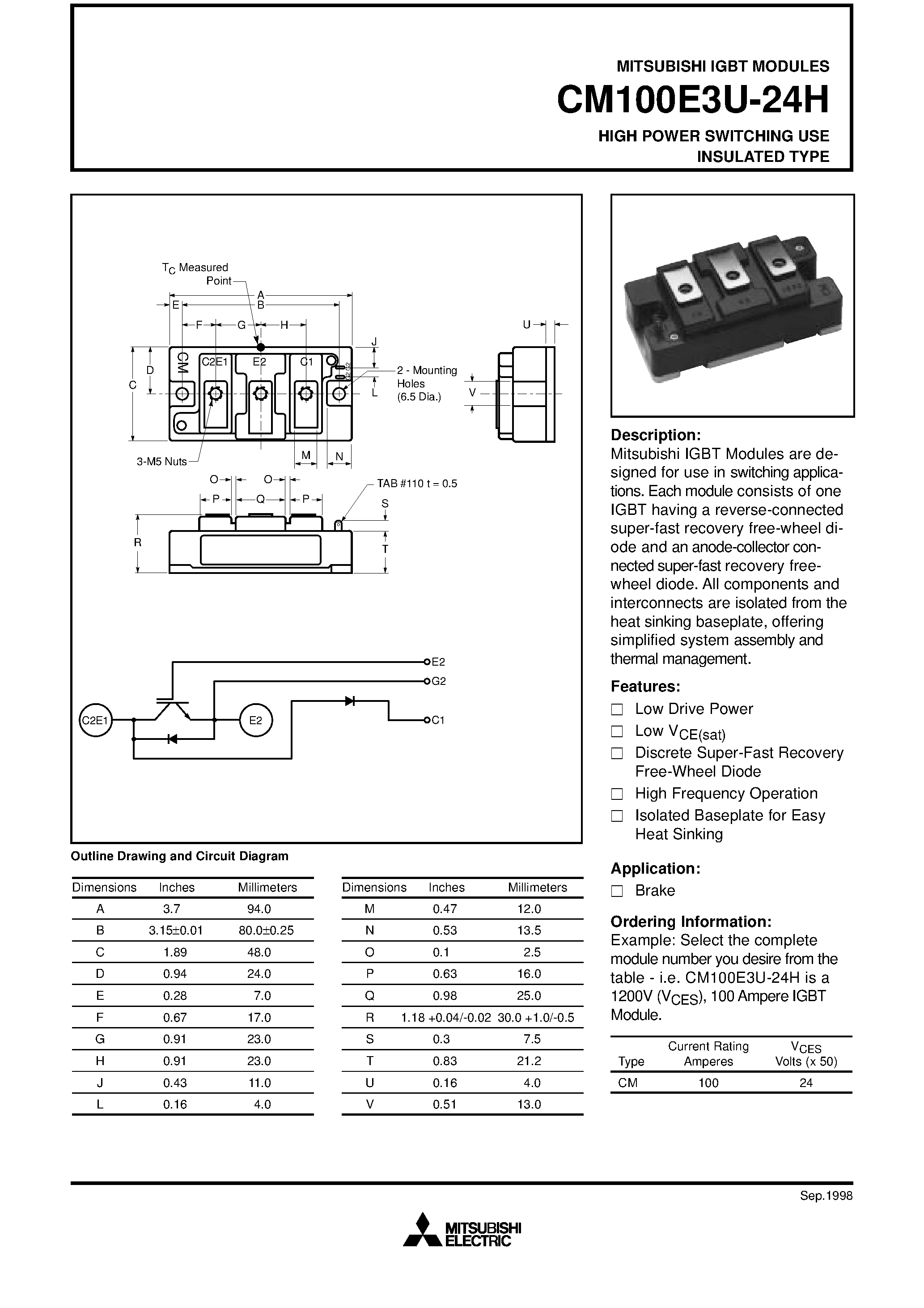 Даташит CM100E3U-24H - HIGH POWER SWITCHING USE INSULATED TYPE страница 1