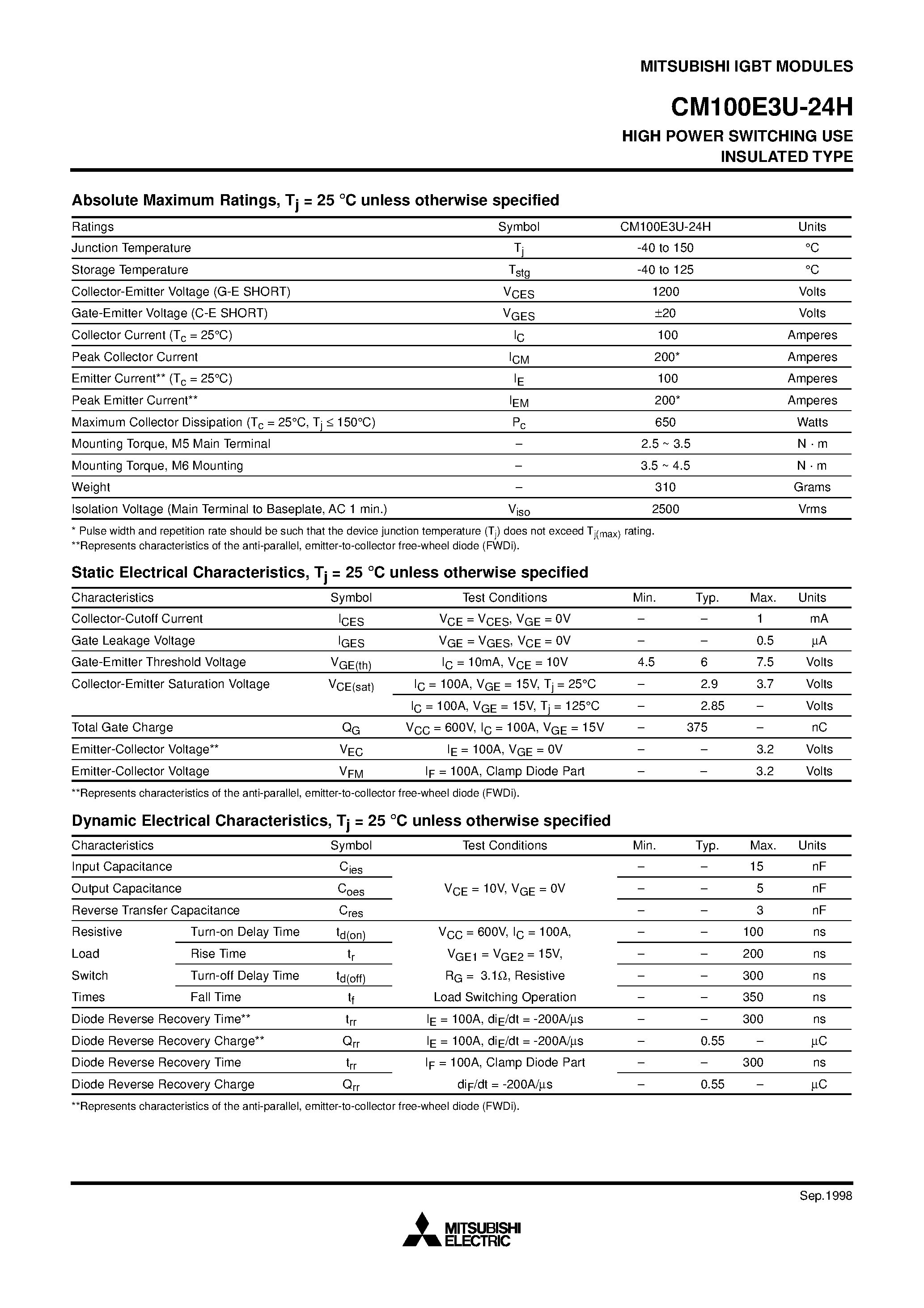 Даташит CM100E3U-24H - HIGH POWER SWITCHING USE INSULATED TYPE страница 2