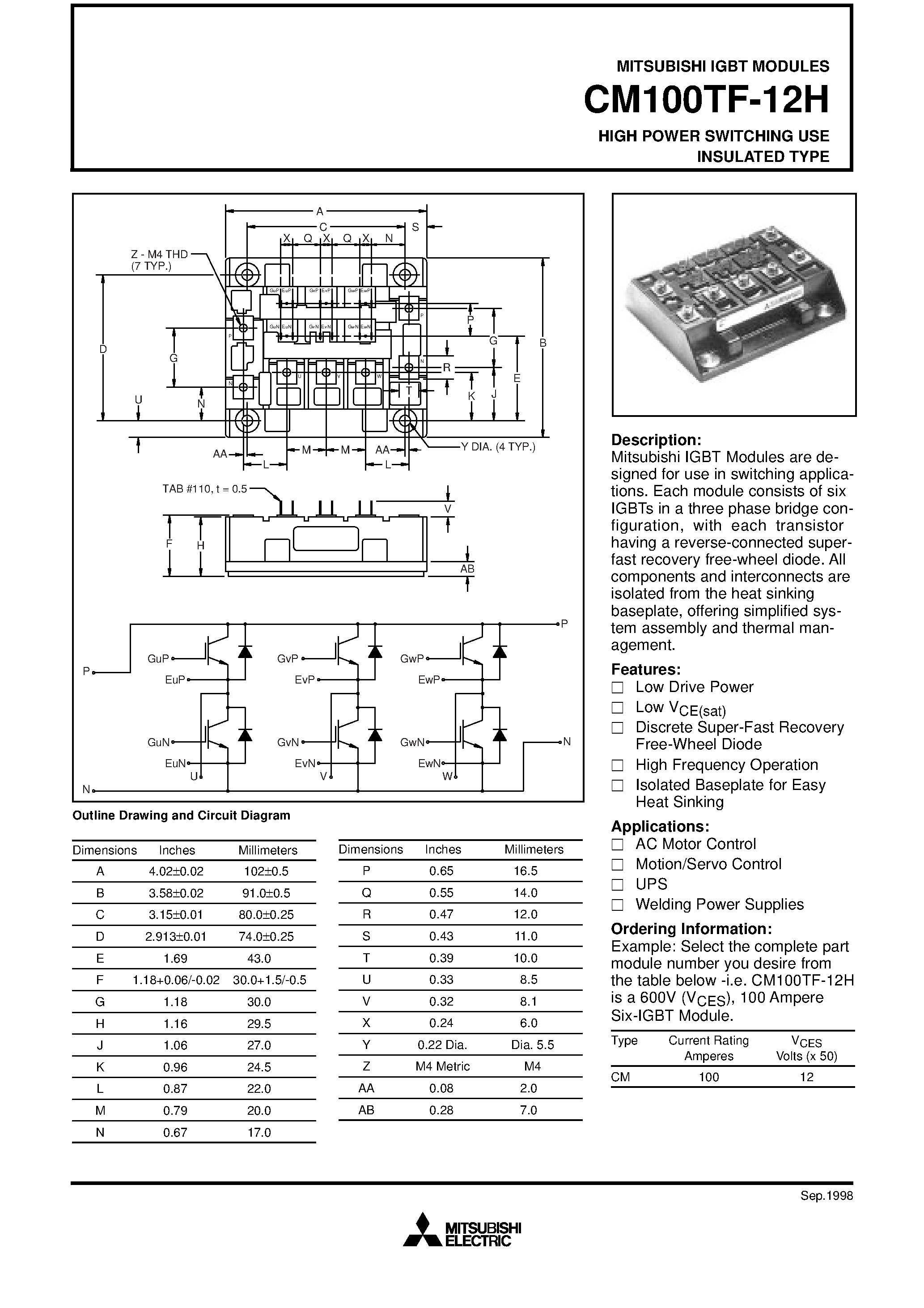 Даташит на микросхему CM100TF-12H страница 1 Даташит CM100TF-12H - HIGH POWER SWITCHING USE INSULATED TYPE страница 1