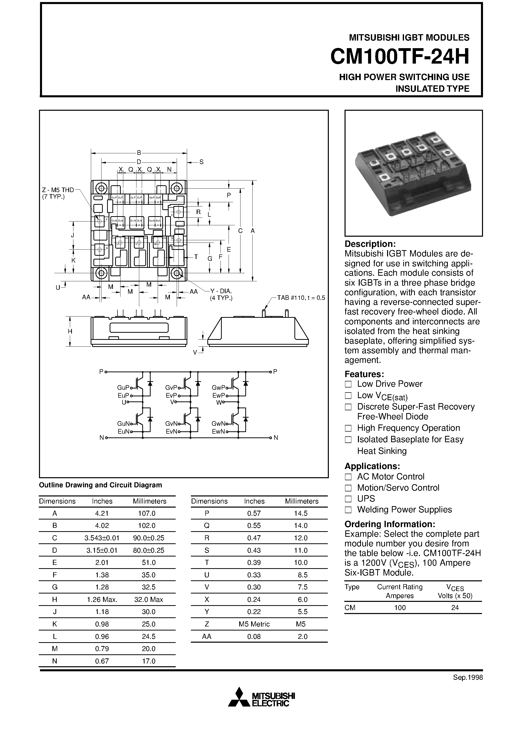 Даташит на микросхему CM100TF-24H страница 1 Даташит CM100TF-24H - HIGH POWER SWITCHING USE INSULATED TYPE страница 1
