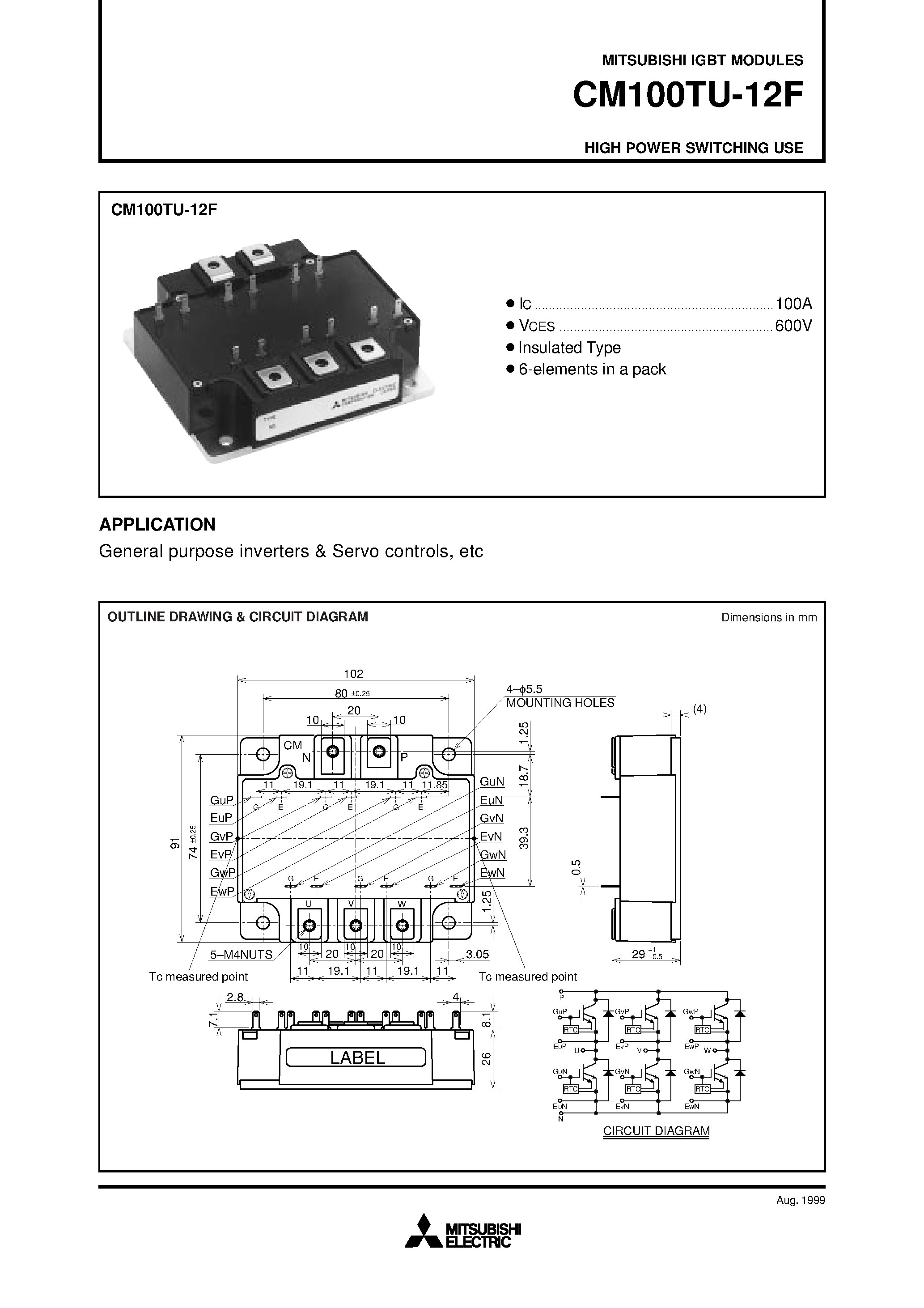 Даташит на микросхему CM100TU-12F страница 1 Даташит CM100TU-12F - HIGH POWER SWITCHING USE страница 1