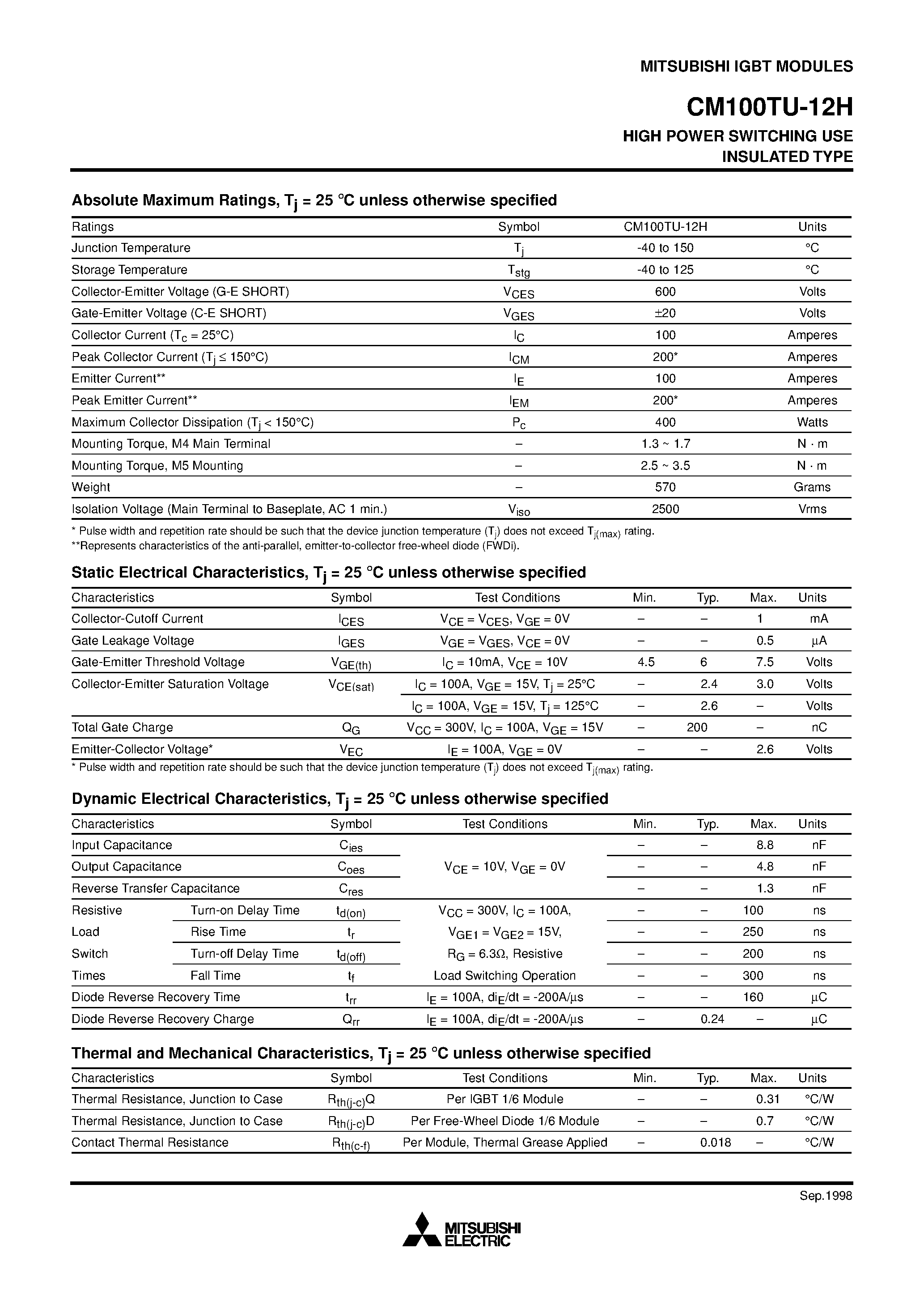 Даташит на микросхему CM100TU-12H страница 2 Даташит CM100TU-12H - HIGH POWER SWITCHING USE INSULATED TYPE страница 2