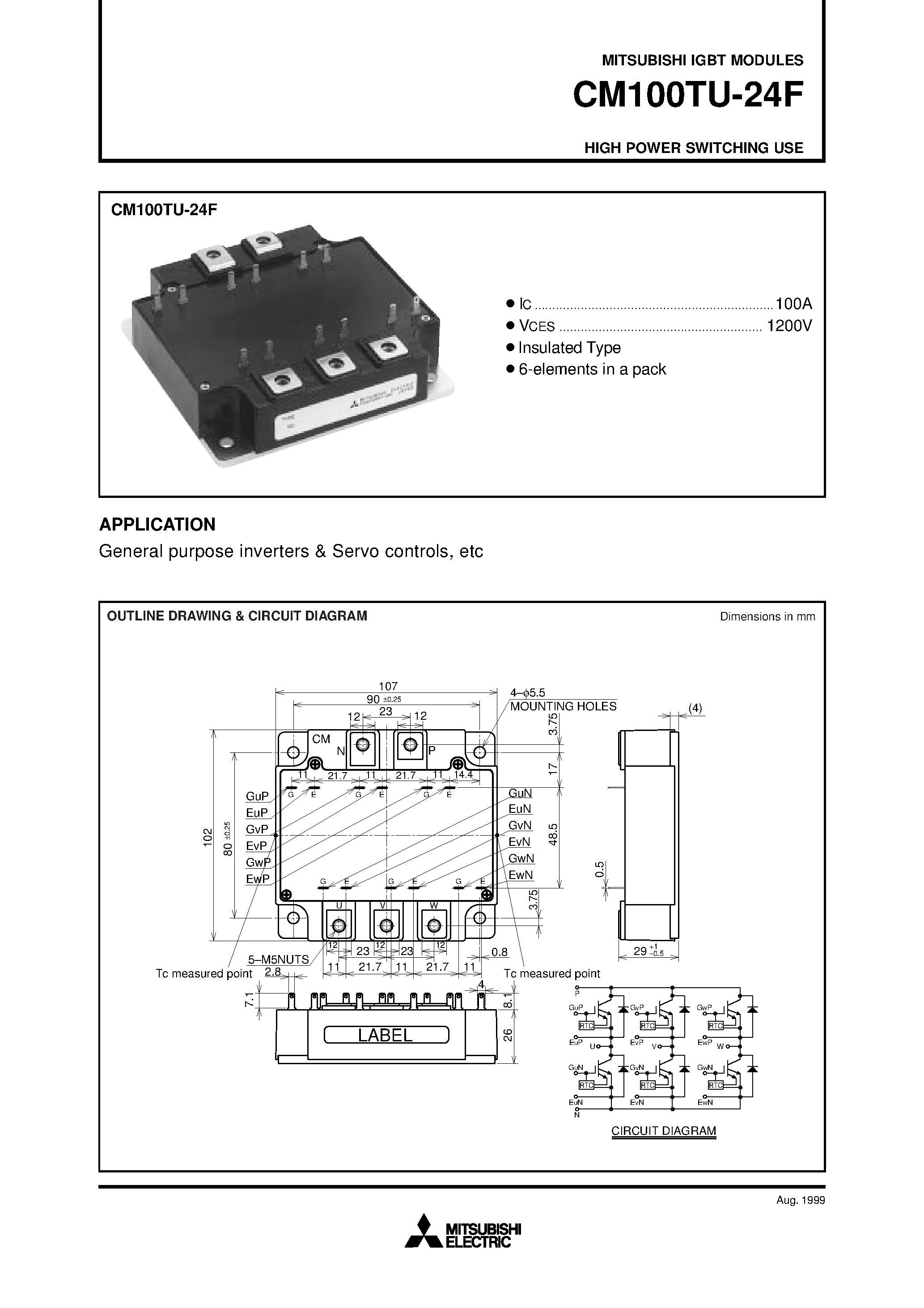 Даташит на микросхему CM100TU-24F страница 1 Даташит CM100TU-24F - HIGH POWER SWITCHING USE страница 1