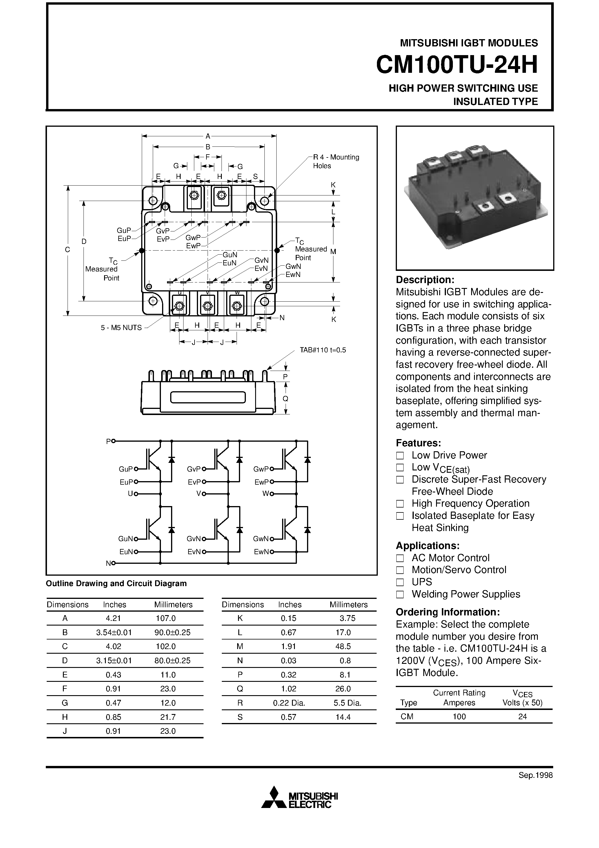 Даташит CM100TU-24H - HIGH POWER SWITCHING USE INSULATED TYPE страница 1