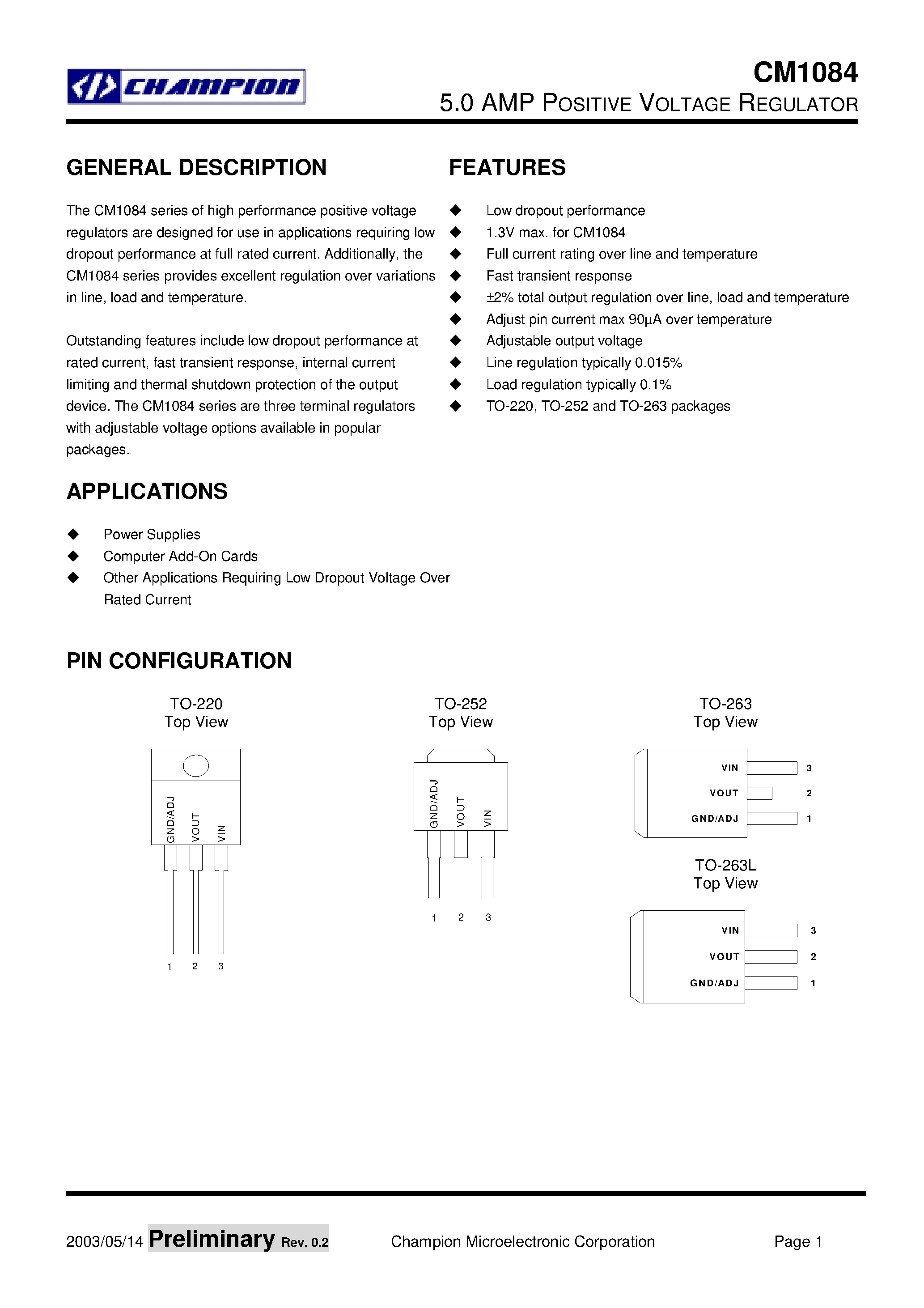 Datasheet CM1084KCN220 - 5.0 AMP POSITIVE VOLTAGE REGULATOR page 1
