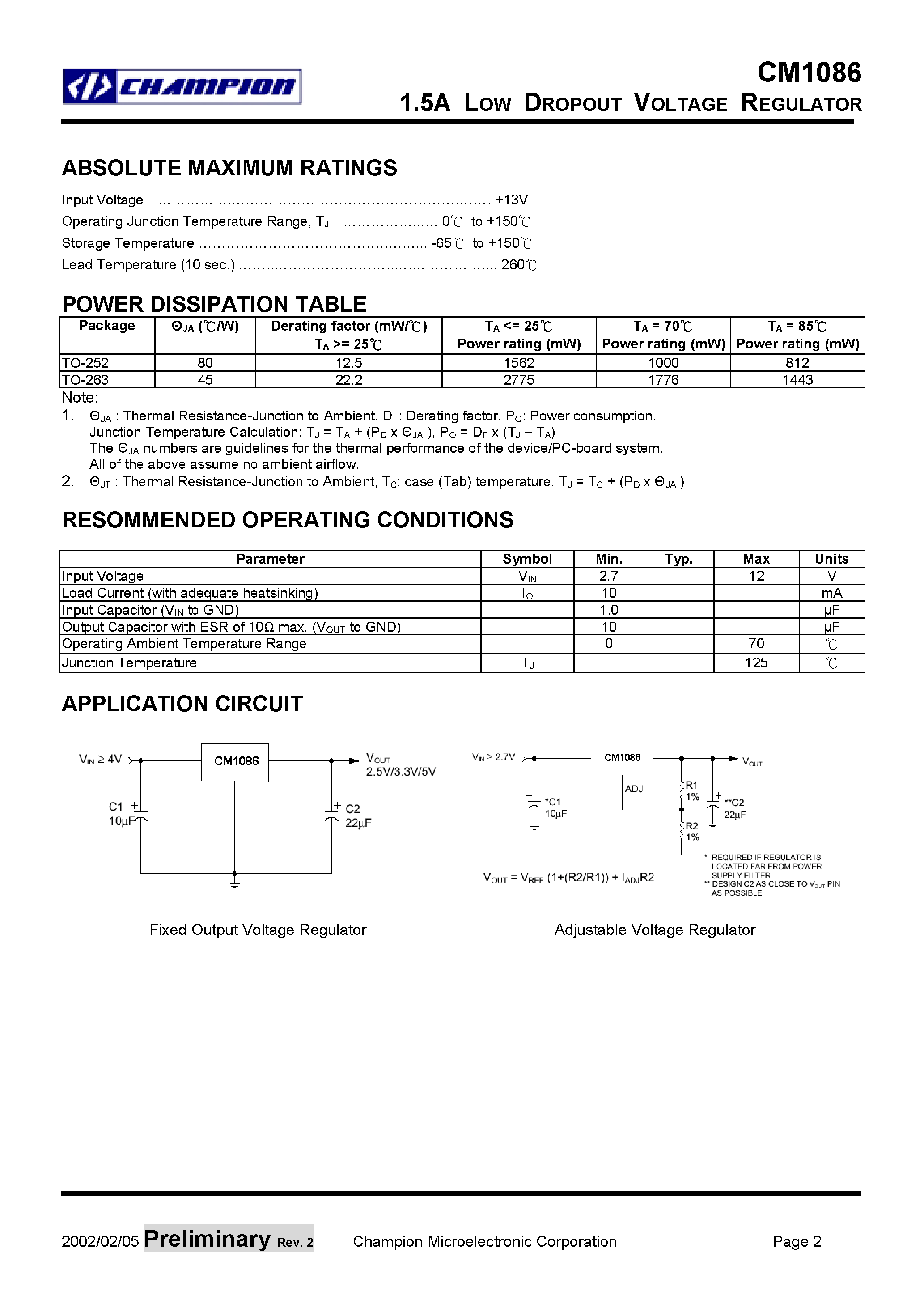 Datasheet CM1086CN263 page 2 Datasheet CM1086CN263 - 1.5A LOW DROPOUT VOLTAGE REGULATOR page 2