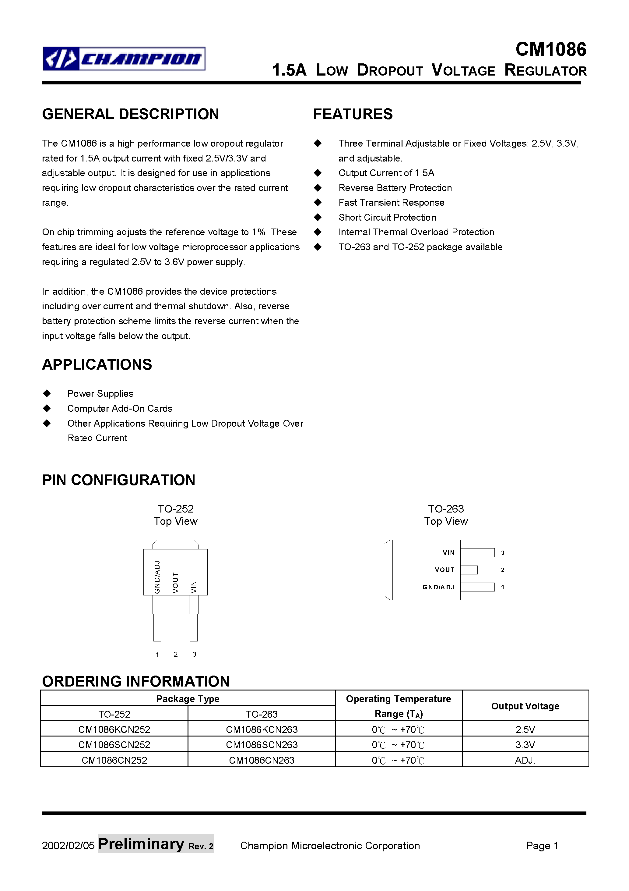 Datasheet CM1086KCN263 page 1 Datasheet CM1086KCN263 - 1.5A LOW DROPOUT VOLTAGE REGULATOR page 1