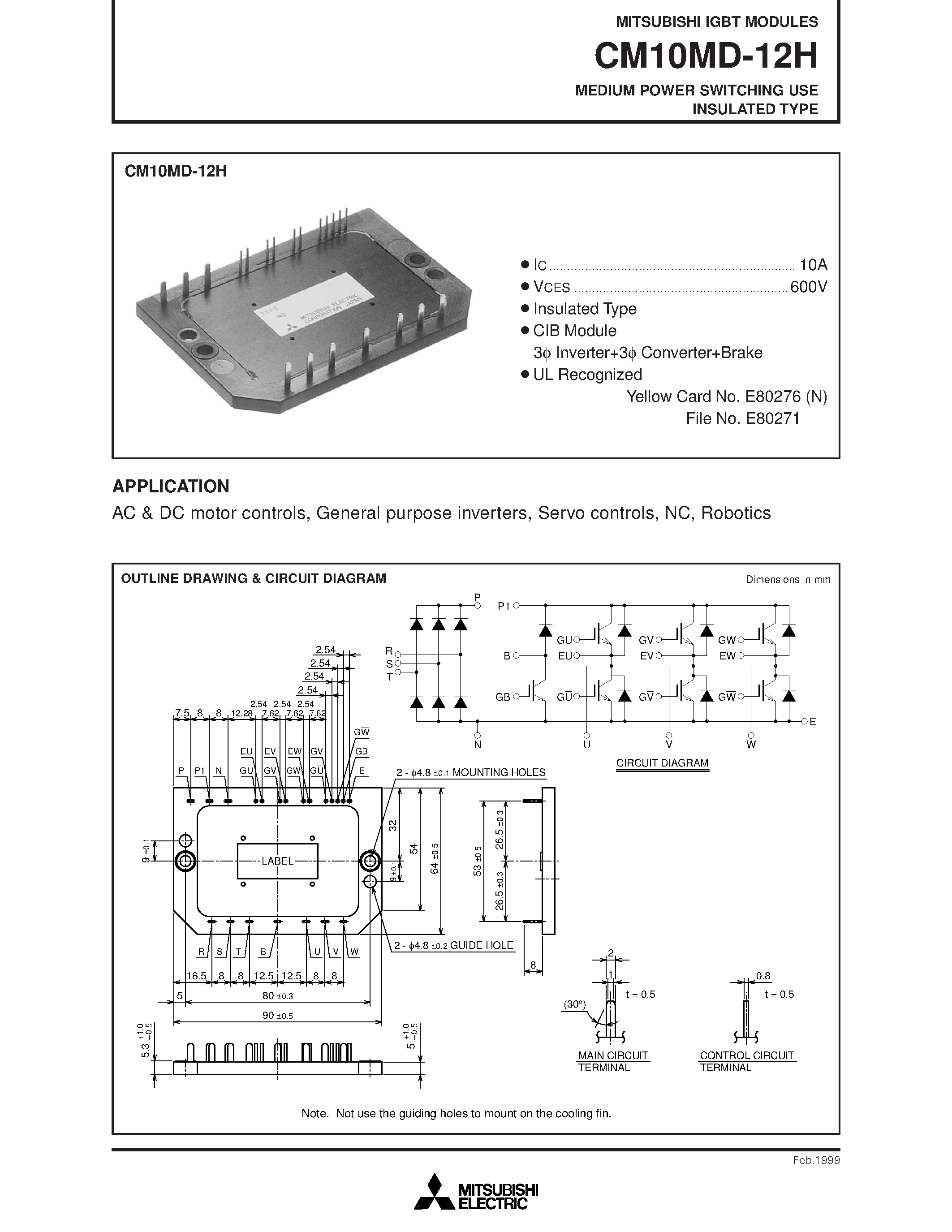 Даташит на микросхему CM10MD-12H страница 1 Даташит CM10MD-12H - MEDIUM POWER SWITCHING USE INSULATED TYPE страница 1