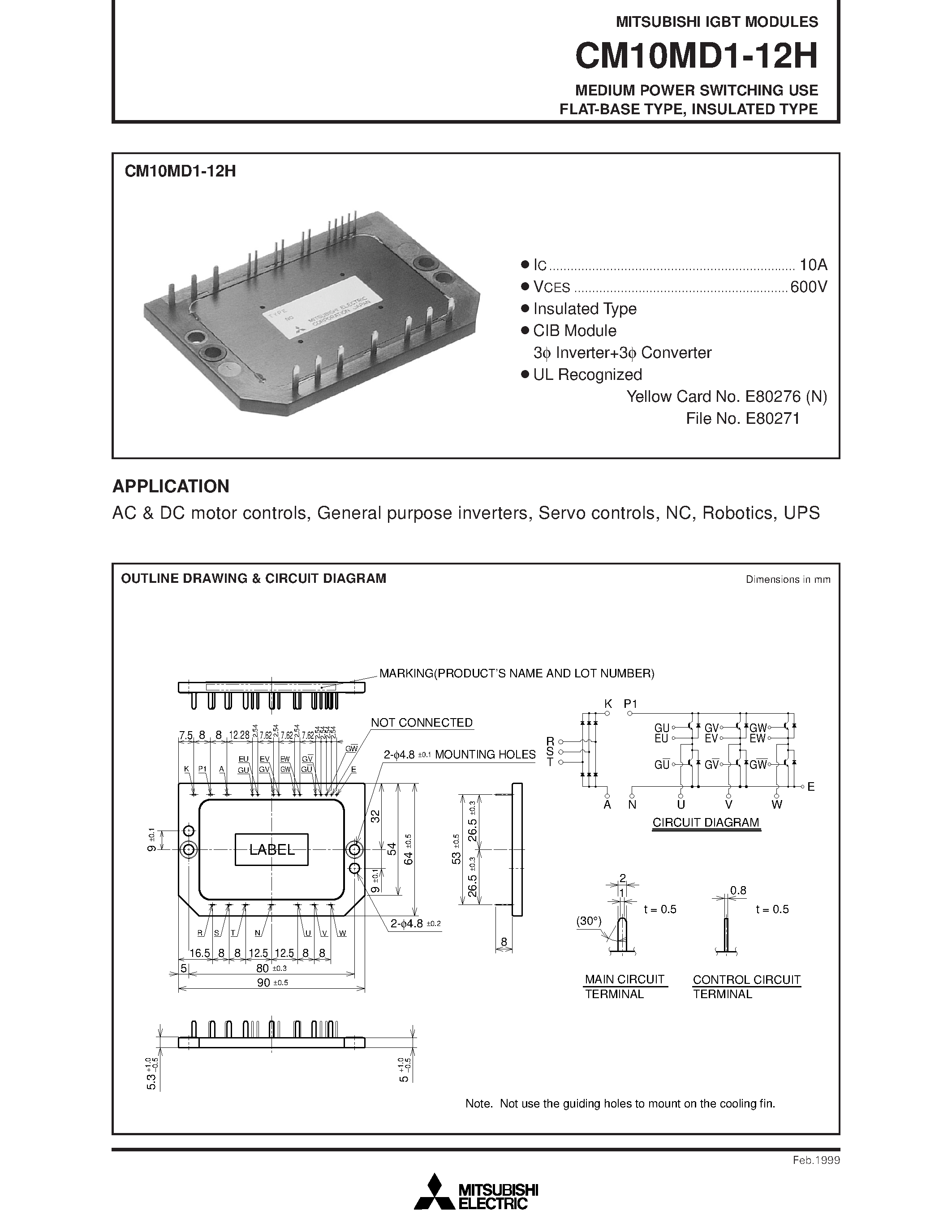 Даташит CM10MD1-12H - MEDIUM POWER SWITCHING USE FLAT-BASE TYPE/ INSULATED TYPE страница 1