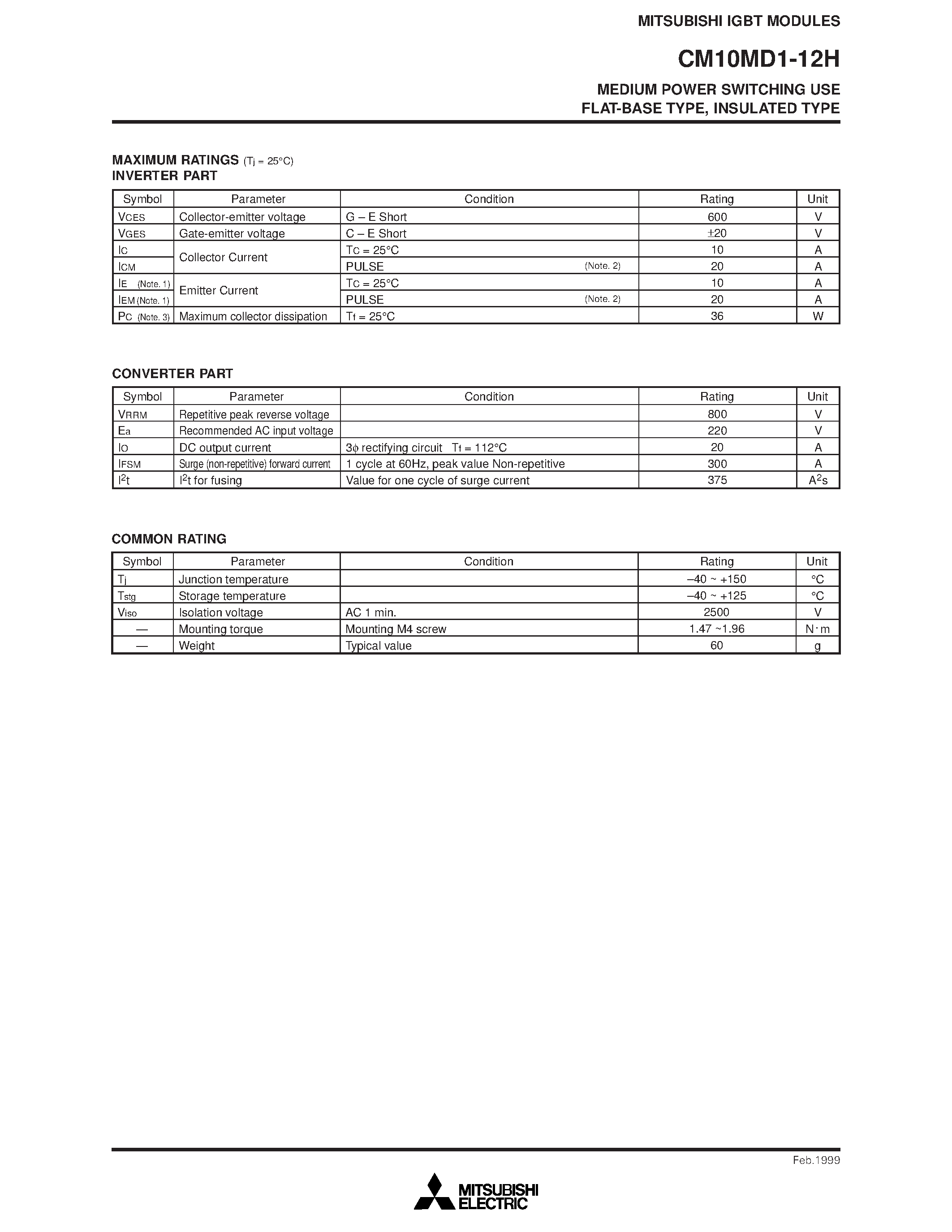 Даташит CM10MD1-12H - MEDIUM POWER SWITCHING USE FLAT-BASE TYPE/ INSULATED TYPE страница 2