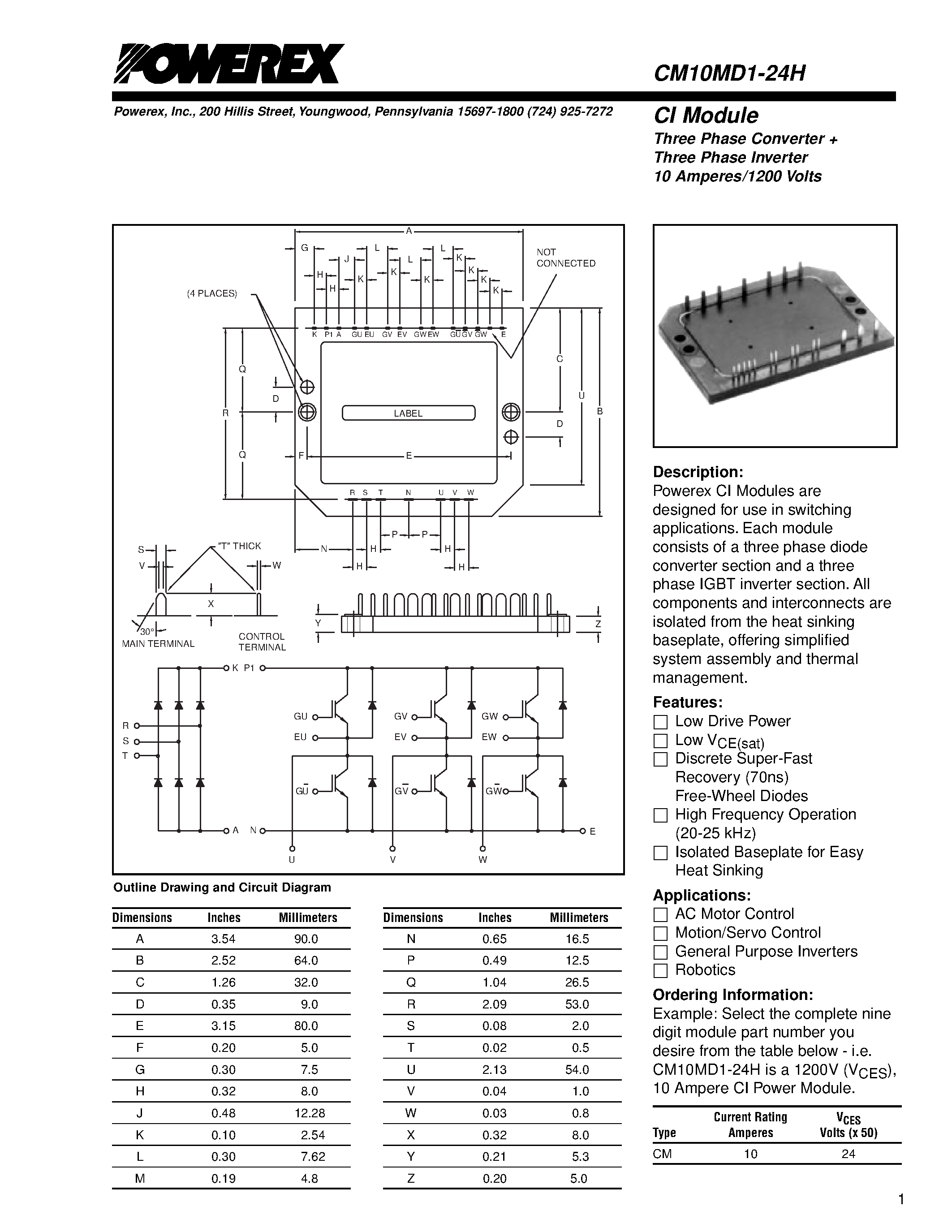 Даташит CM10MD3-12H - MEDIUM POWER SWITCHING USE FLAT-BASE TYPE/ INSULATED TYPE страница 1