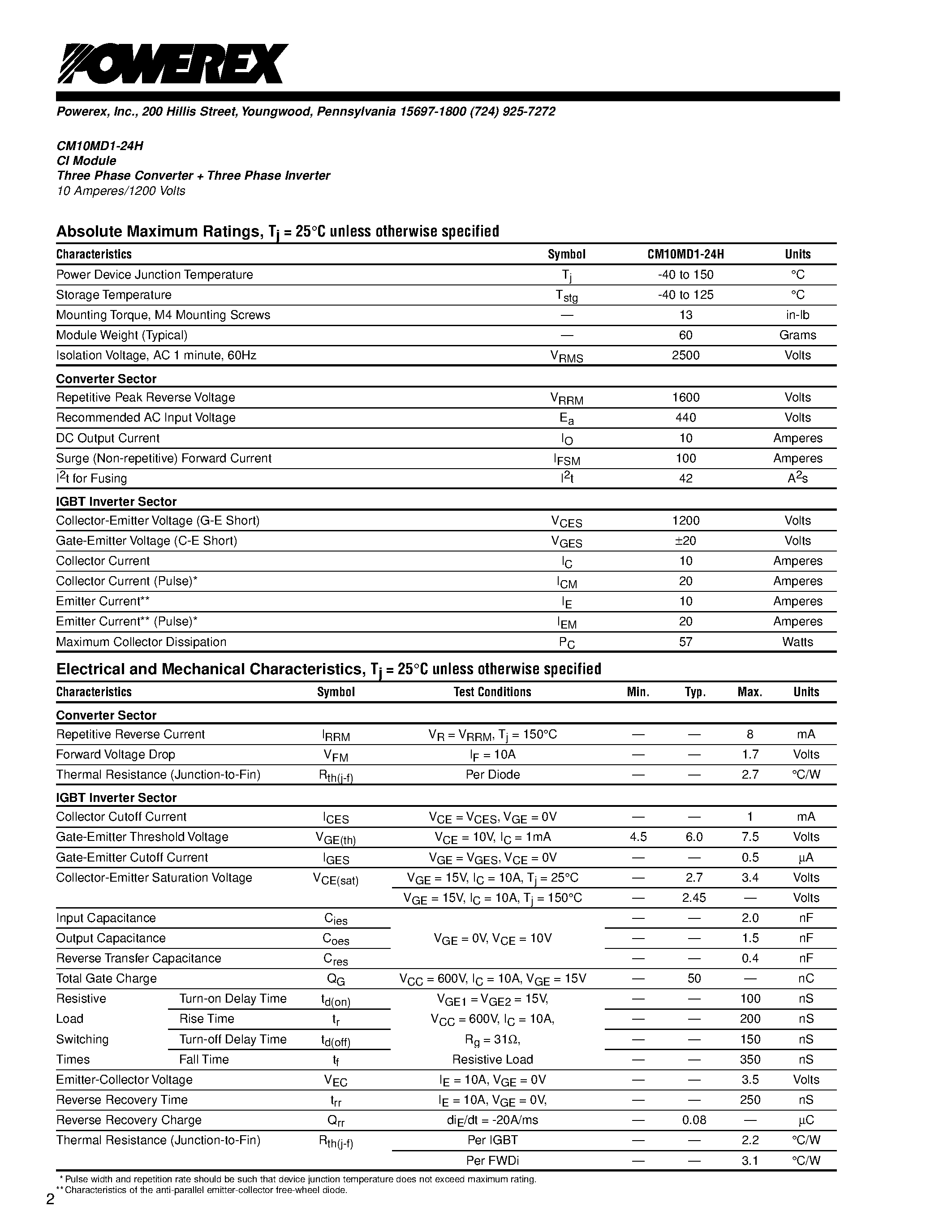 Даташит CM10MD3-12H - MEDIUM POWER SWITCHING USE FLAT-BASE TYPE/ INSULATED TYPE страница 2