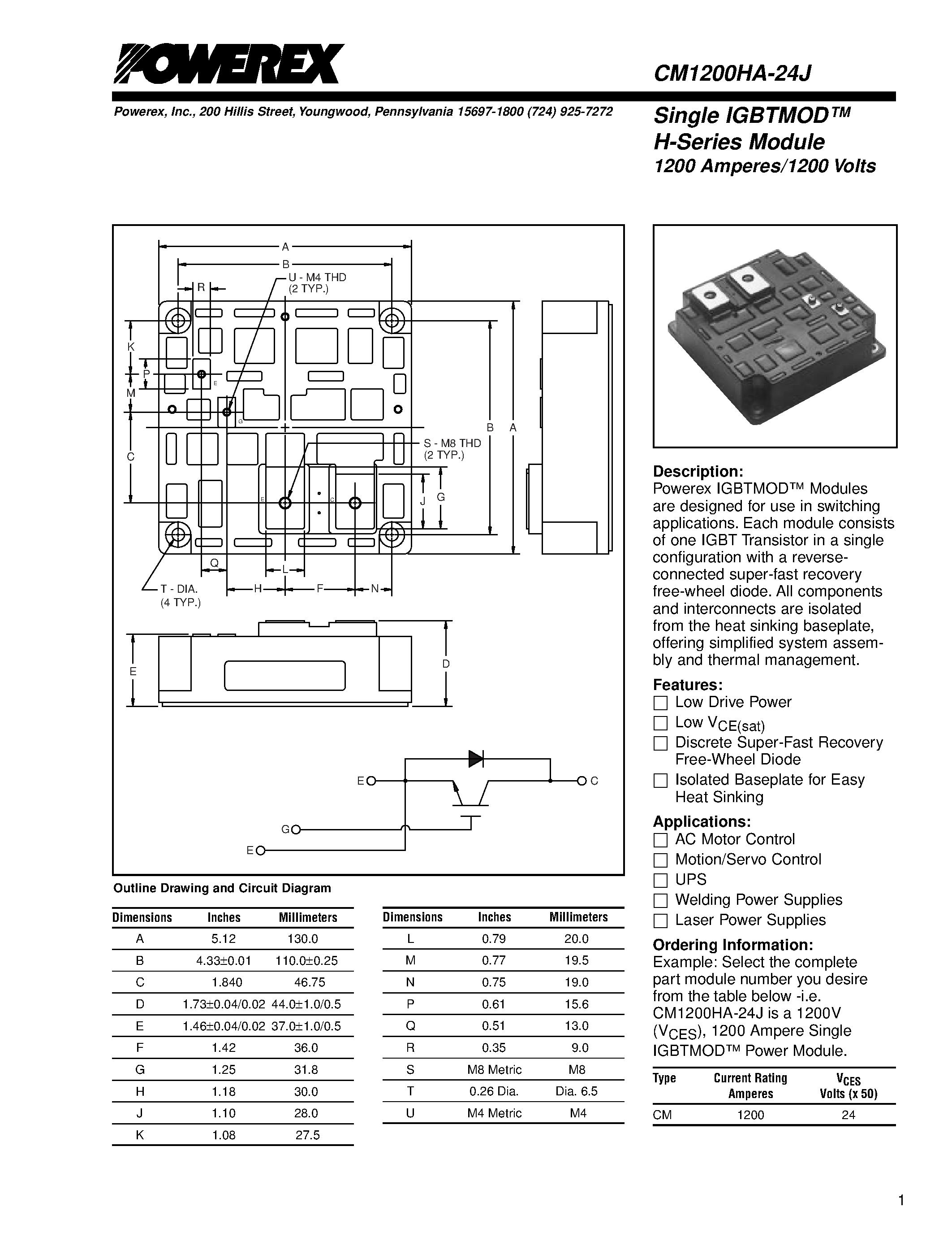 Datasheet CM1200HA-24J page 1 Datasheet CM1200HA-24J - Single IGBTMOD H-Series Module 1200 Amperes/1200 Volts page 1