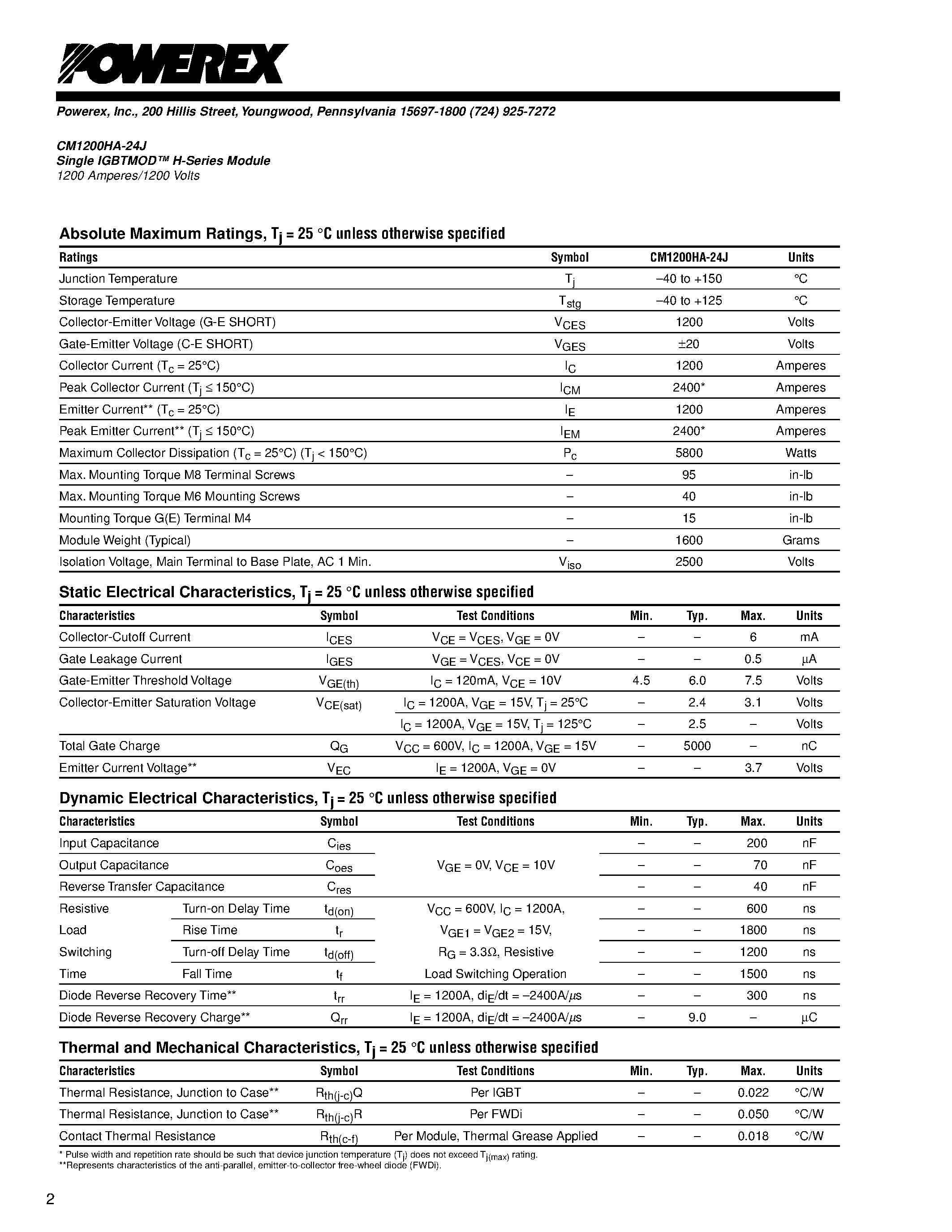 Datasheet CM1200HA-24J page 2 Datasheet CM1200HA-24J - Single IGBTMOD H-Series Module 1200 Amperes/1200 Volts page 2
