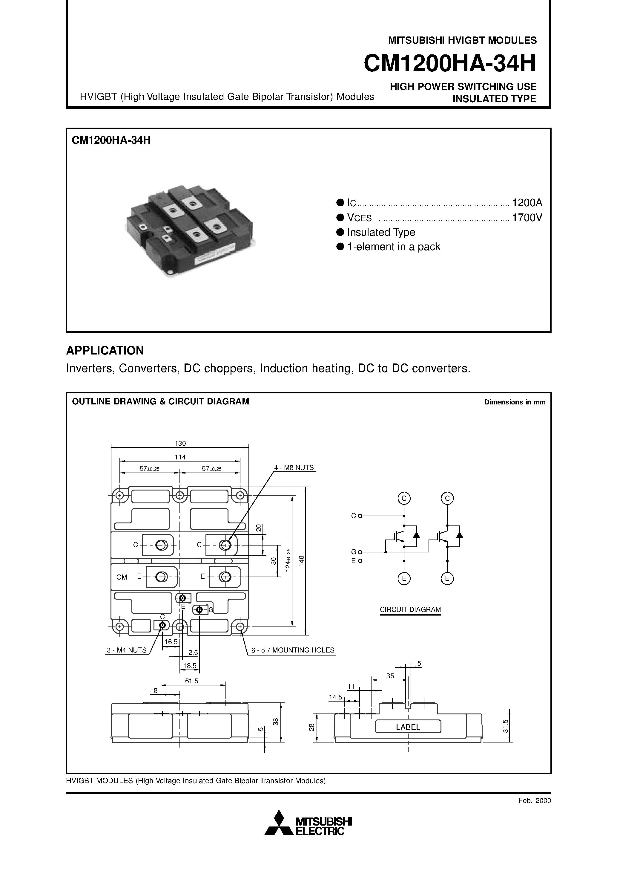 Даташит на микросхему CM1200HA-34H страница 1 Даташит CM1200HA-34H - HIGH POWER SWITCHING USE INSULATED TYPE страница 1