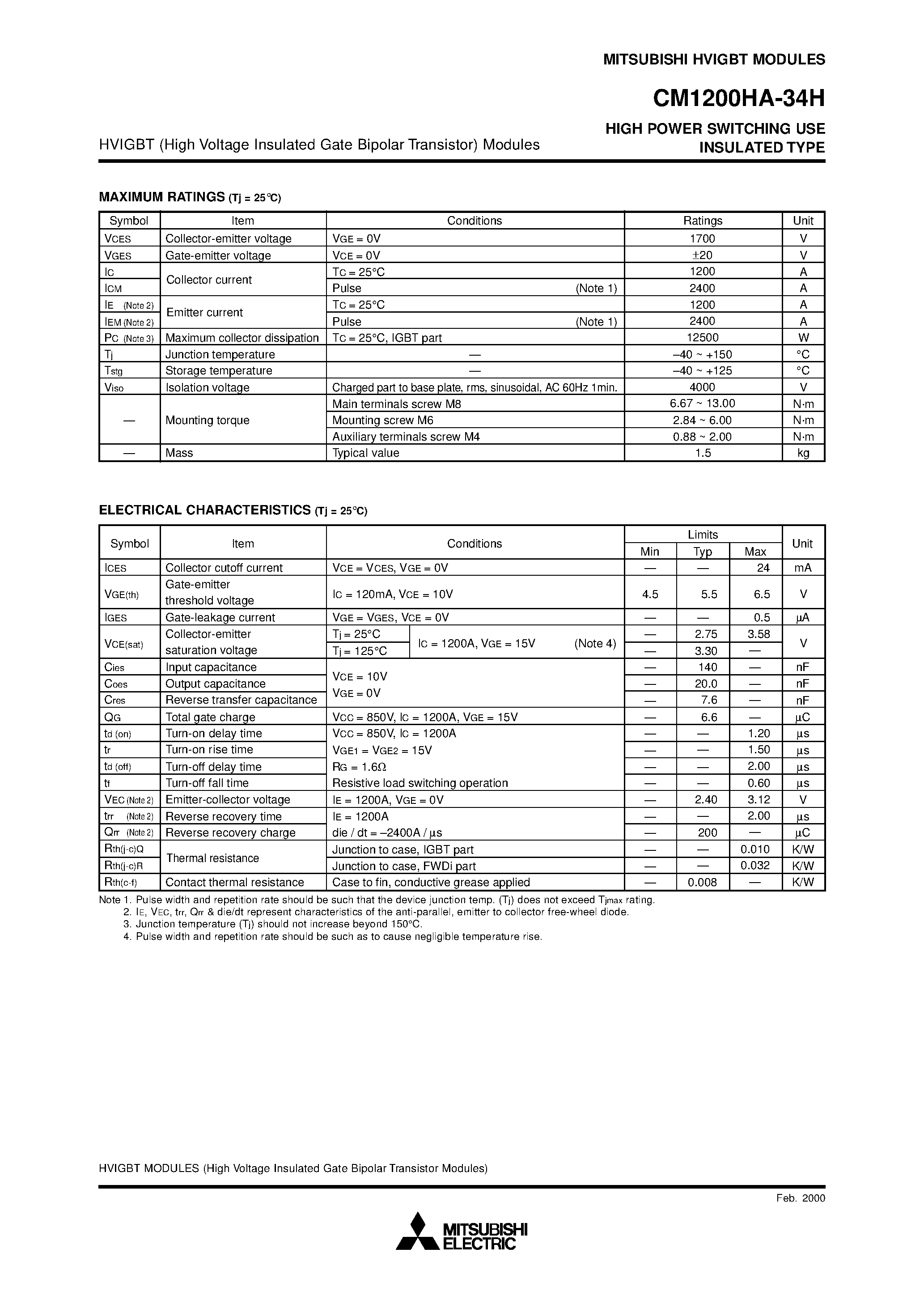 Даташит на микросхему CM1200HA-34H страница 2 Даташит CM1200HA-34H - HIGH POWER SWITCHING USE INSULATED TYPE страница 2