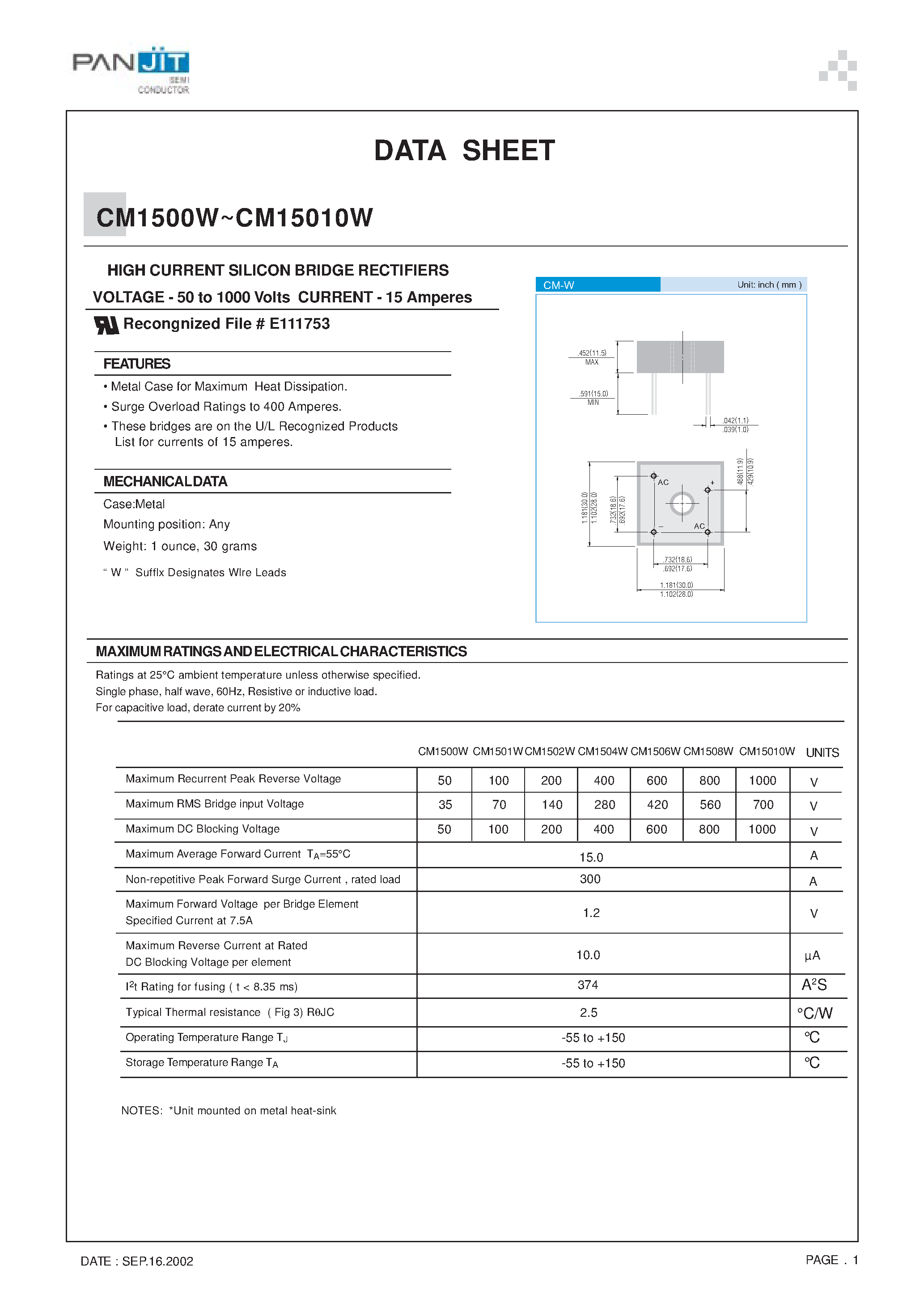 Datasheet CM1506W - HIGH CURRENT SILICON BRIDGE RECTIFIERS(VOLTAGE - 50 to 1000 Volts CURRENT - 15 Amperes) page 1
