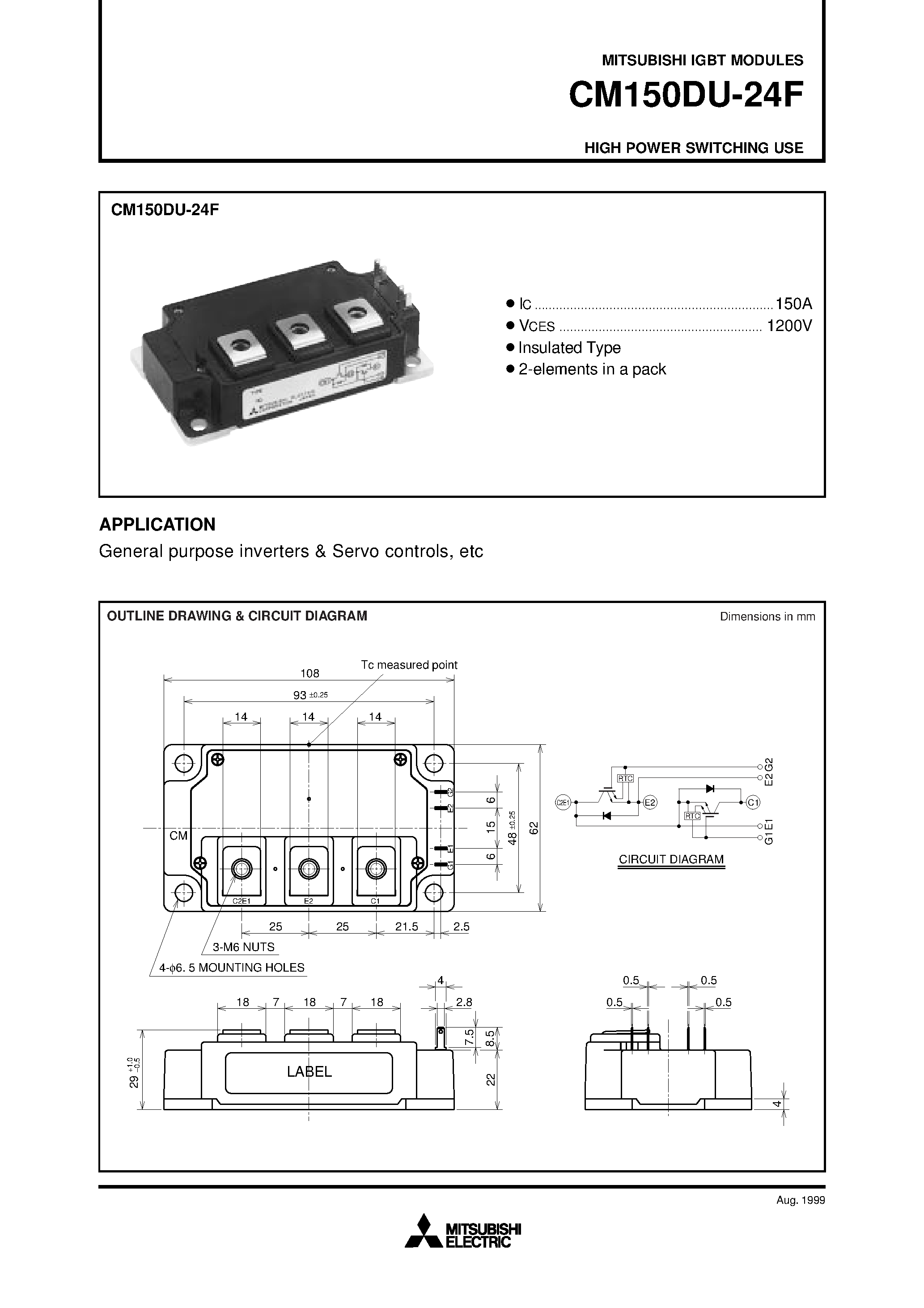 Даташит CM150DU-24F - HIGH POWER SWITCHING USE страница 1
