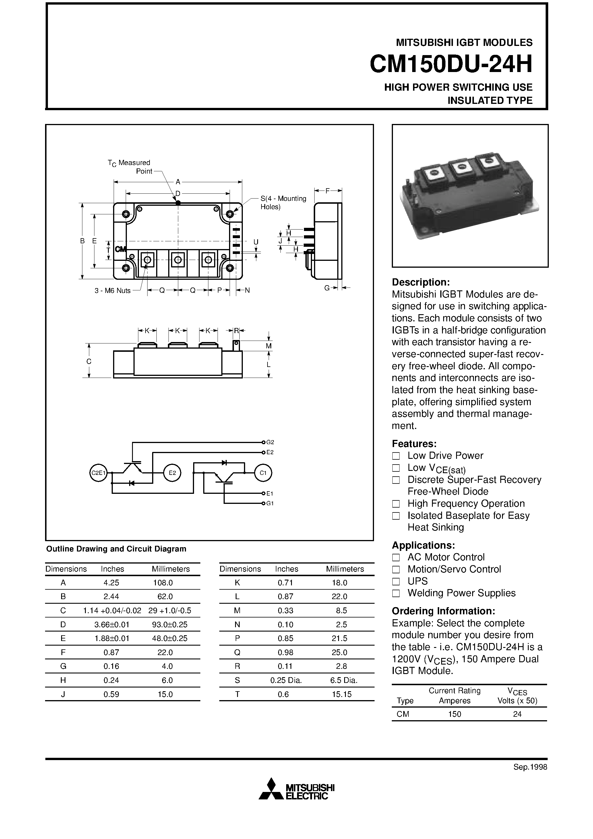 Даташит CM150DU-24H - HIGH POWER SWITCHING USE INSULATED TYPE страница 1