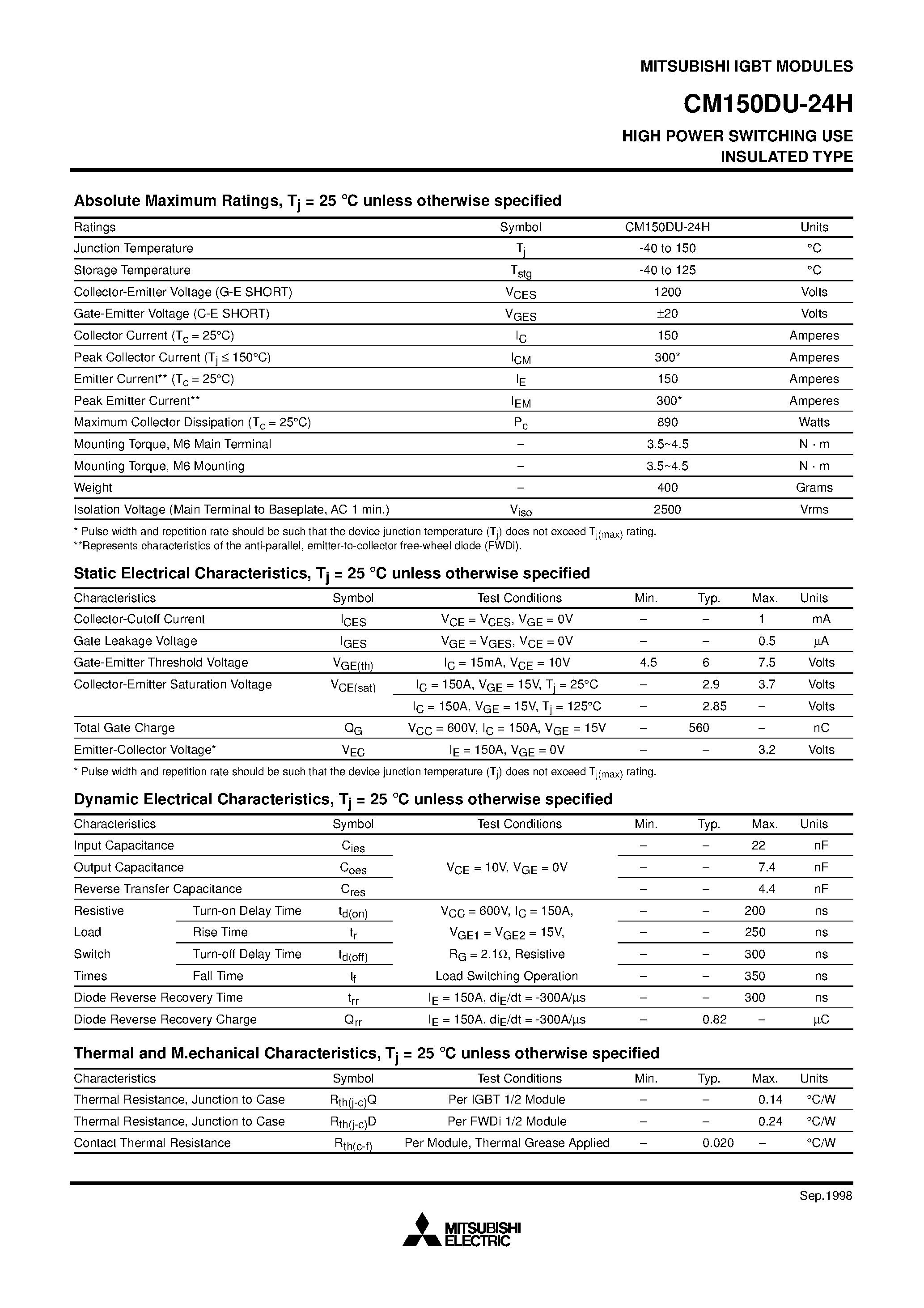 Даташит CM150DU-24H - HIGH POWER SWITCHING USE INSULATED TYPE страница 2