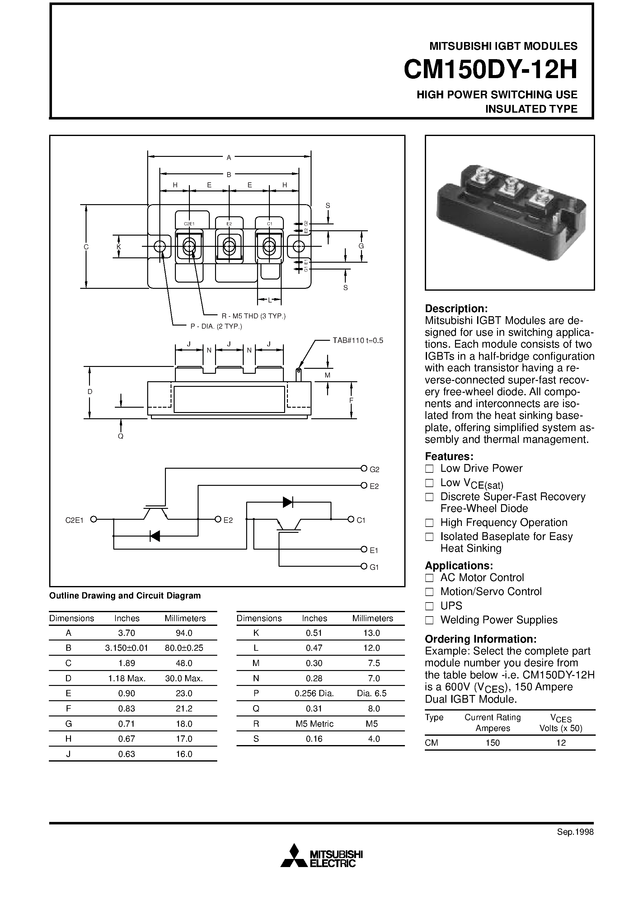 Даташит CM150DY-12H - HIGH POWER SWITCHING USE INSULATED TYPE страница 1