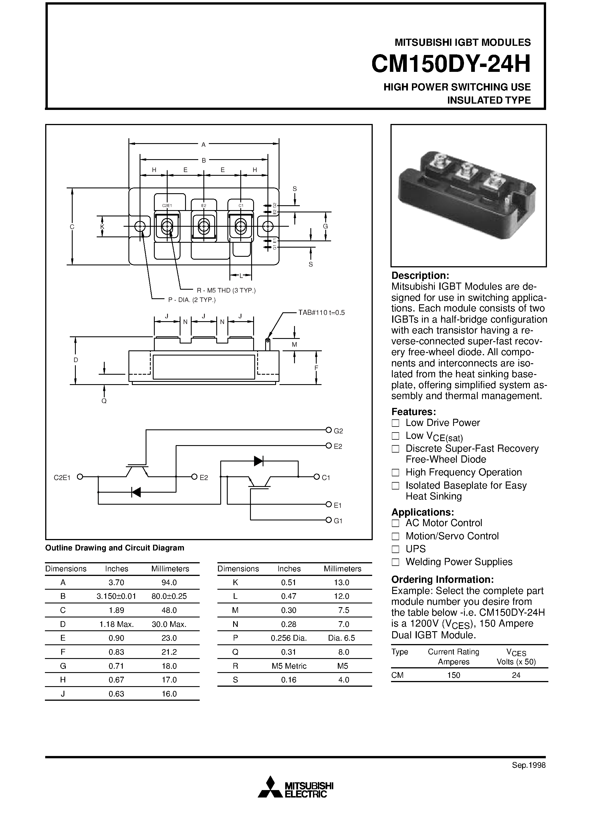 Даташит CM150DY-24H - HIGH POWER SWITCHING USE INSULATED TYPE страница 1