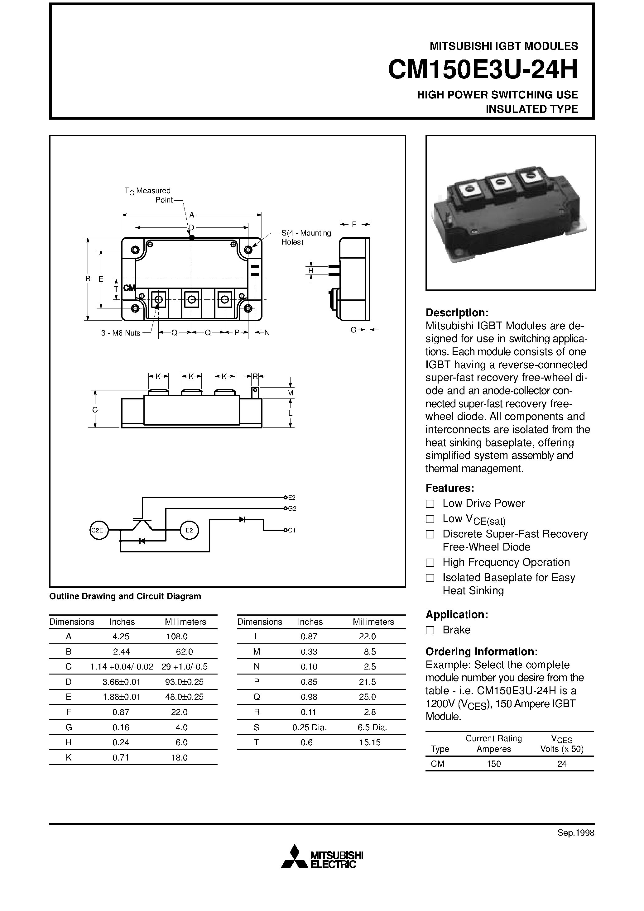 Даташит на микросхему CM150E3U-24H страница 1 Даташит CM150E3U-24H - HIGH POWER SWITCHING USE INSULATED TYPE страница 1