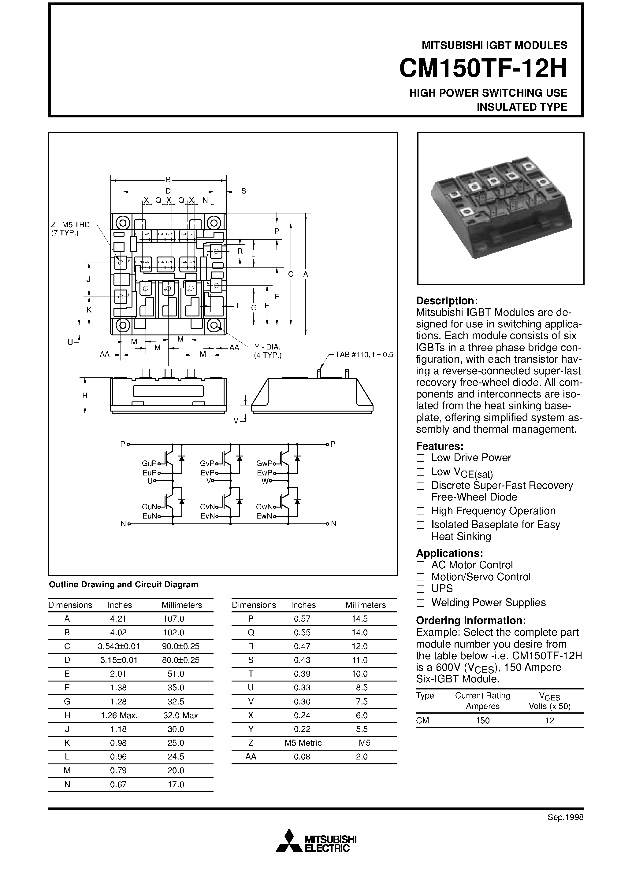 Даташит на микросхему CM150TF-12H страница 1 Даташит CM150TF-12H - HIGH POWER SWITCHING USE INSULATED TYPE страница 1