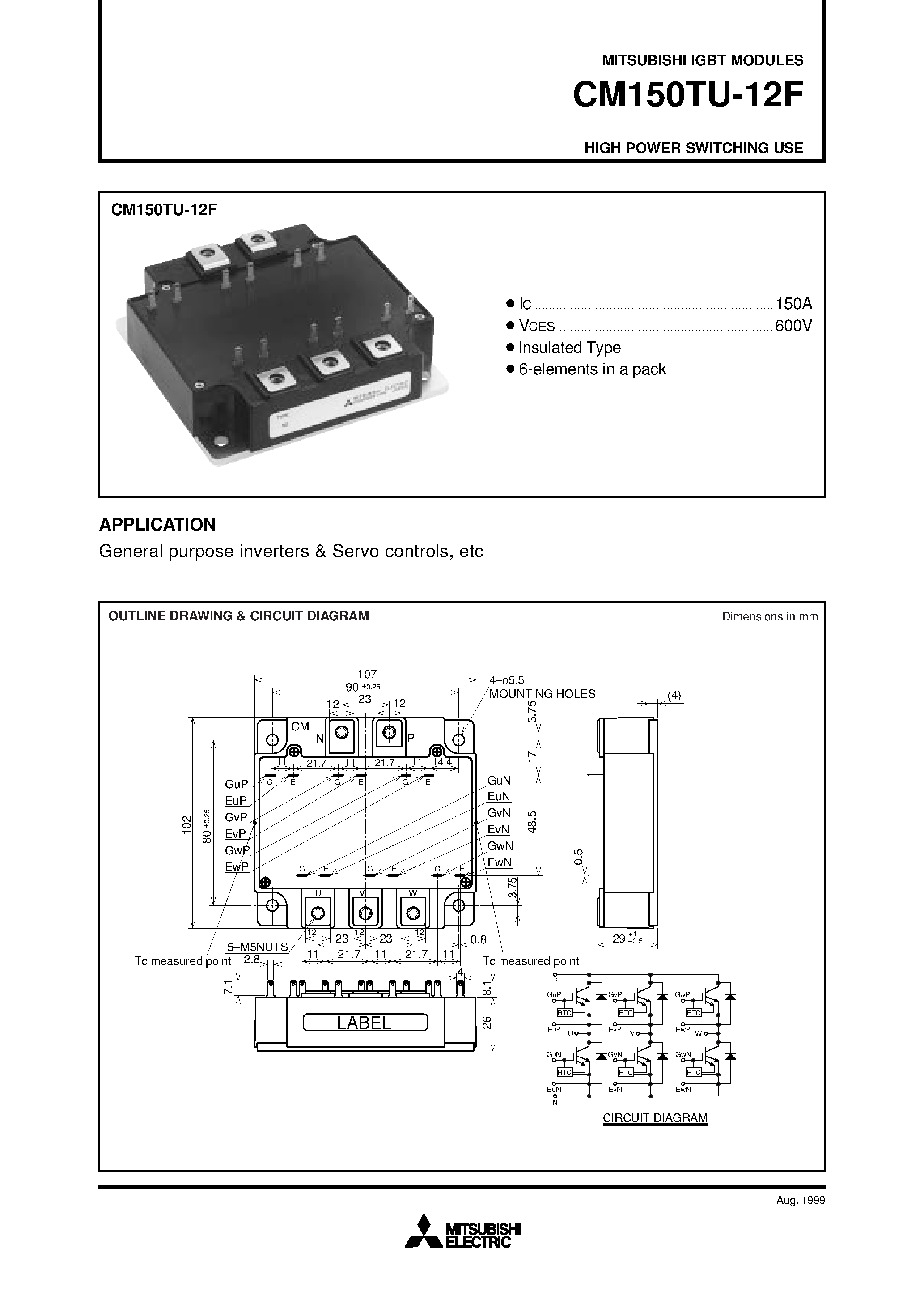 Даташит на микросхему CM150TU-12F страница 1 Даташит CM150TU-12F - HIGH POWER SWITCHING USE страница 1
