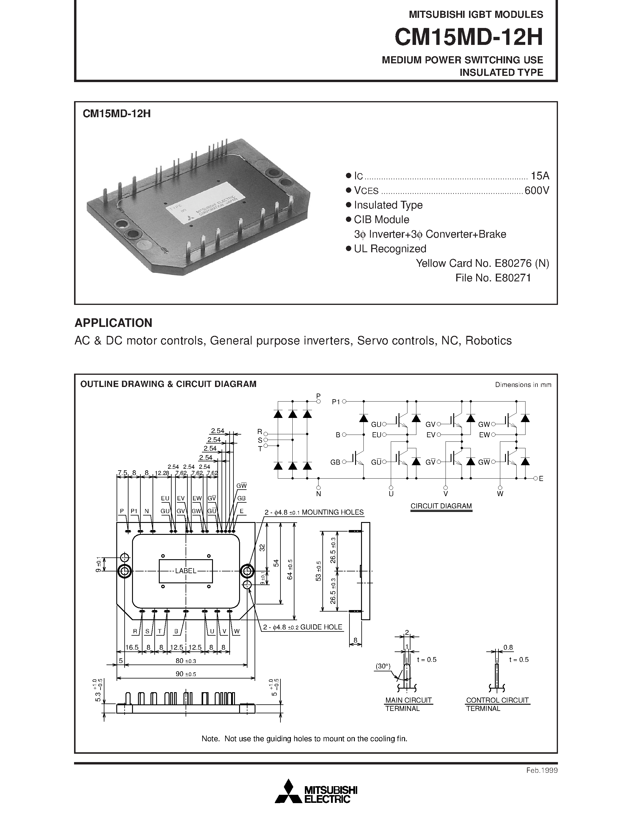 Даташит на микросхему CM15MD-12H страница 1 Даташит CM15MD-12H - MEDIUM POWER SWITCHING USE INSULATED TYPE страница 1
