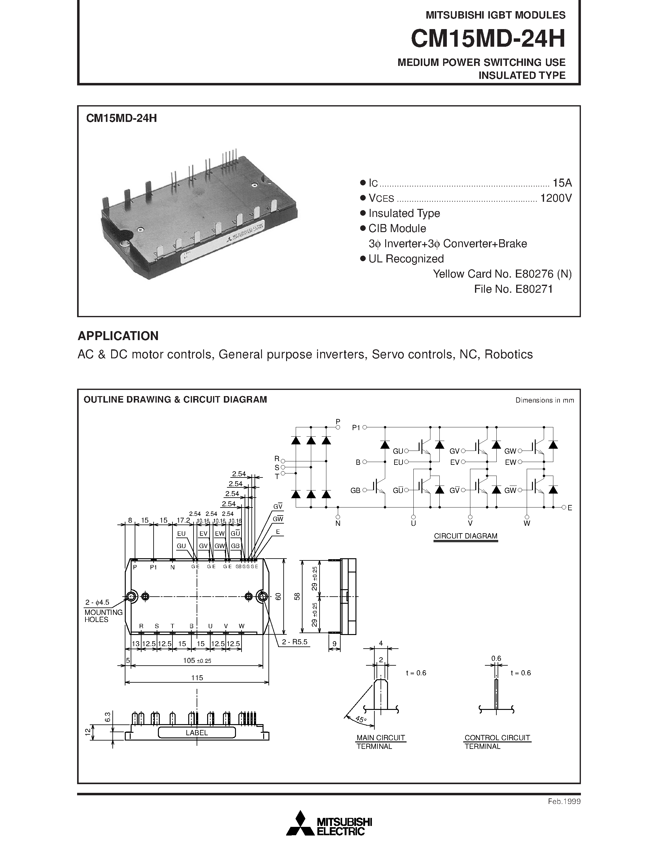 Даташит на микросхему CM15MD-24H страница 1 Даташит CM15MD-24H - MEDIUM POWER SWITCHING USE INSULATED TYPE страница 1